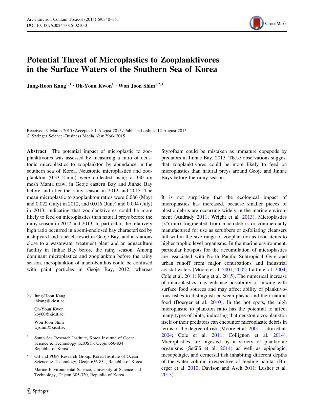 Potential Threat of Microplastics to Zooplanktivores in the Surface Waters of the Southern Sea of Korea by Jung-Hoon Kang & Oh-Youn Kwon & Won Joon Shim