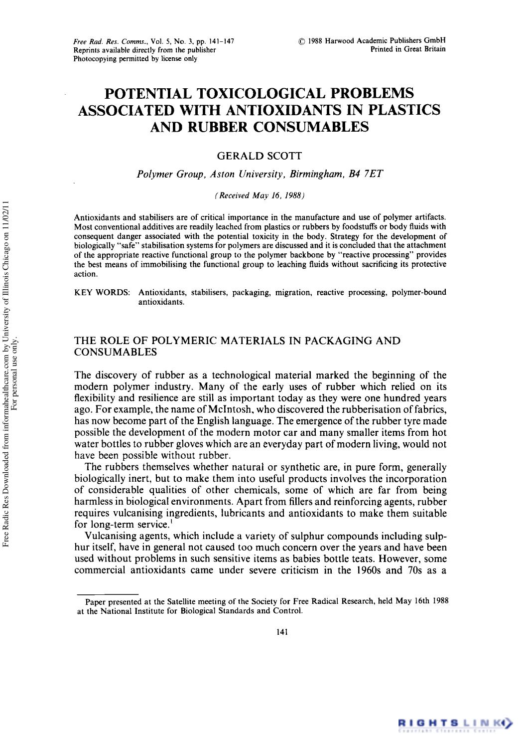 Potential Toxicological Problems Associated with Antioxidants in Plastics and Rubber Consumables by Gerald Scott