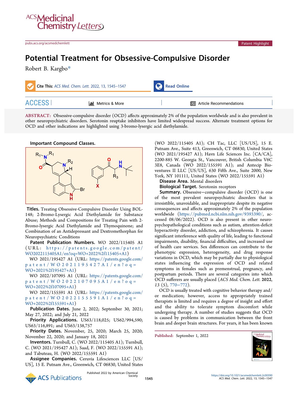 Potential Treatment for Obsessive-Compulsive Disorder by Robert B. Kargbo