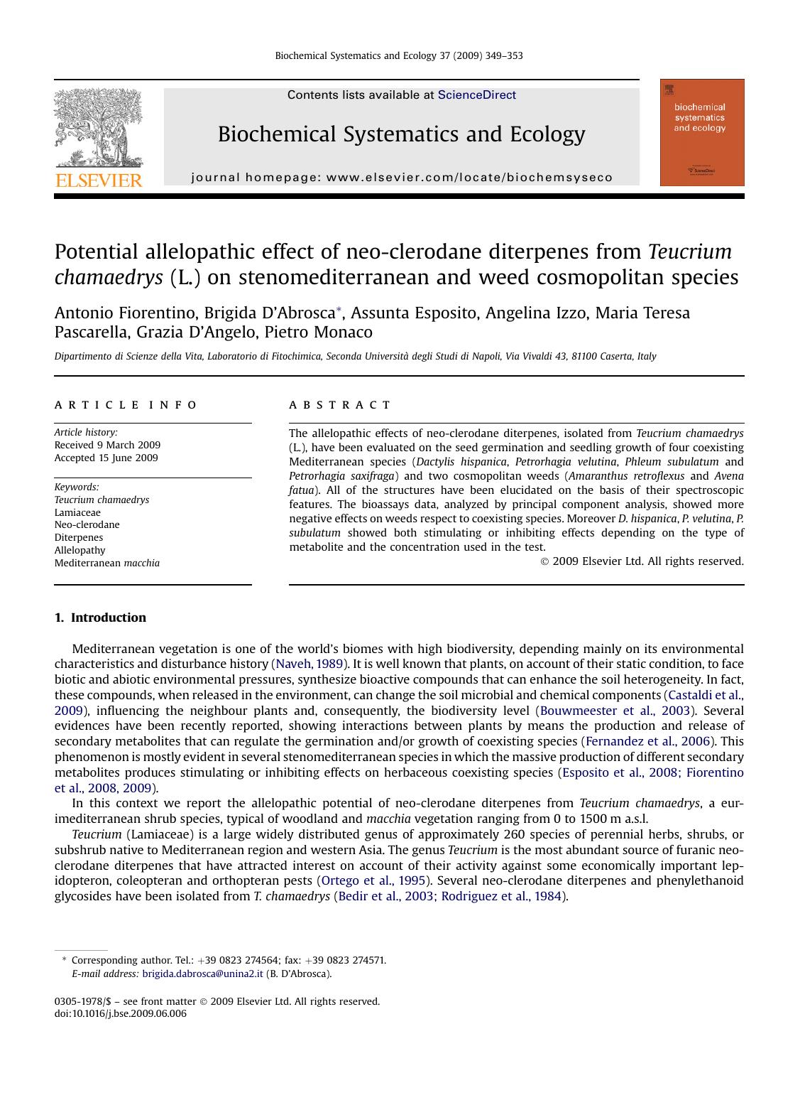 Potential allelopathic effect of neo-clerodane diterpenes from Teucrium chamaedrys (L.) on stenomediterranean and weed cosmopolitan species by unknow