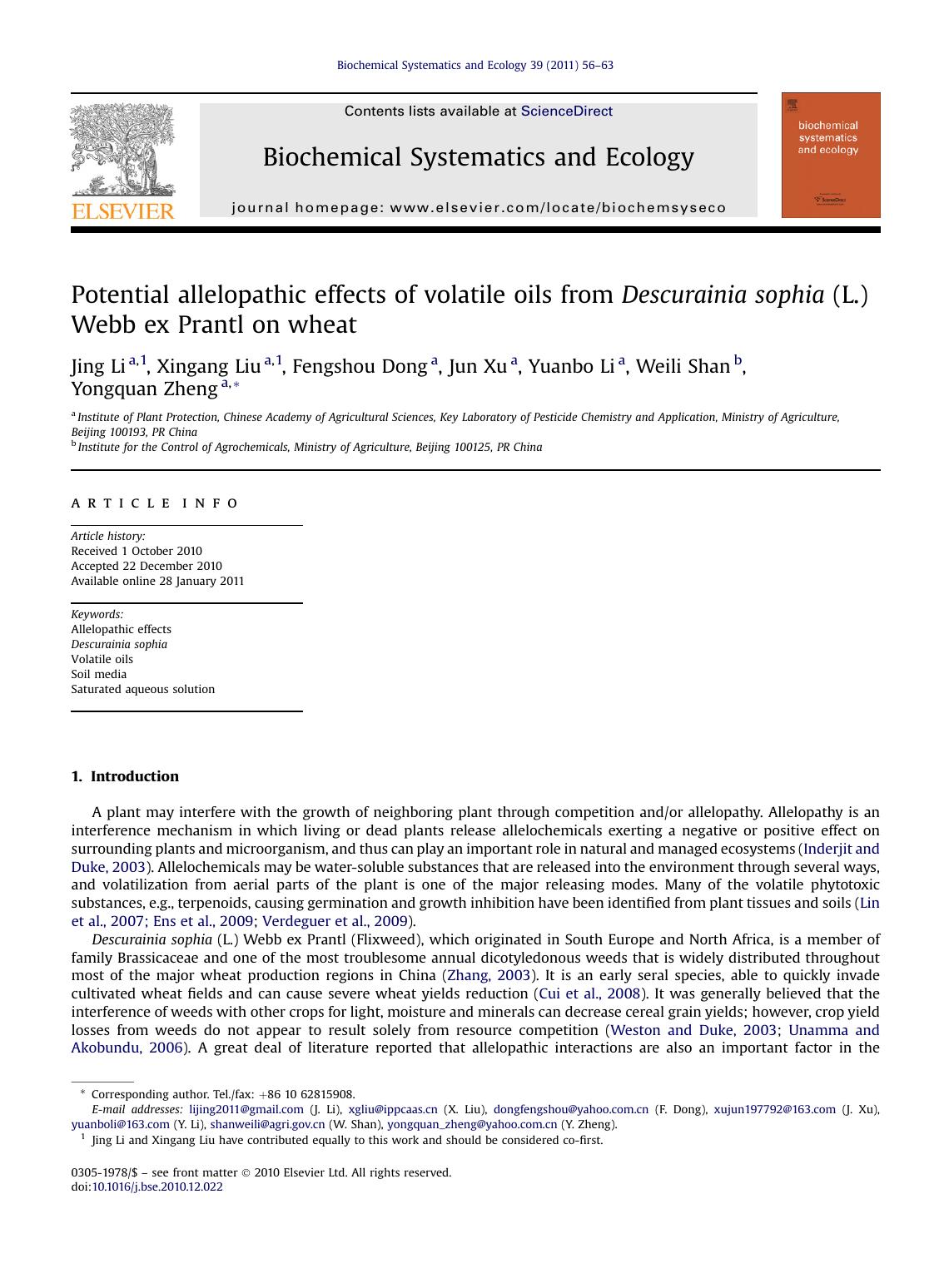Potential allelopathic effects of volatile oils from Descurainia sophia (L.) Webb ex Prantl on wheat by Jing Li & Xingang Liu & Fengshou Dong & Jun Xu & Yuanbo Li & Weili Shan & Yongquan Zheng