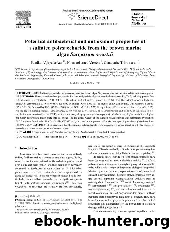 Potential antibacterial and antioxidant properties of a sulfated polysaccharide from the brown marine algae Sargassum swartzii by Pandian Vijayabaskar & Noormohamed Vaseela & Ganapathy Thirumaran