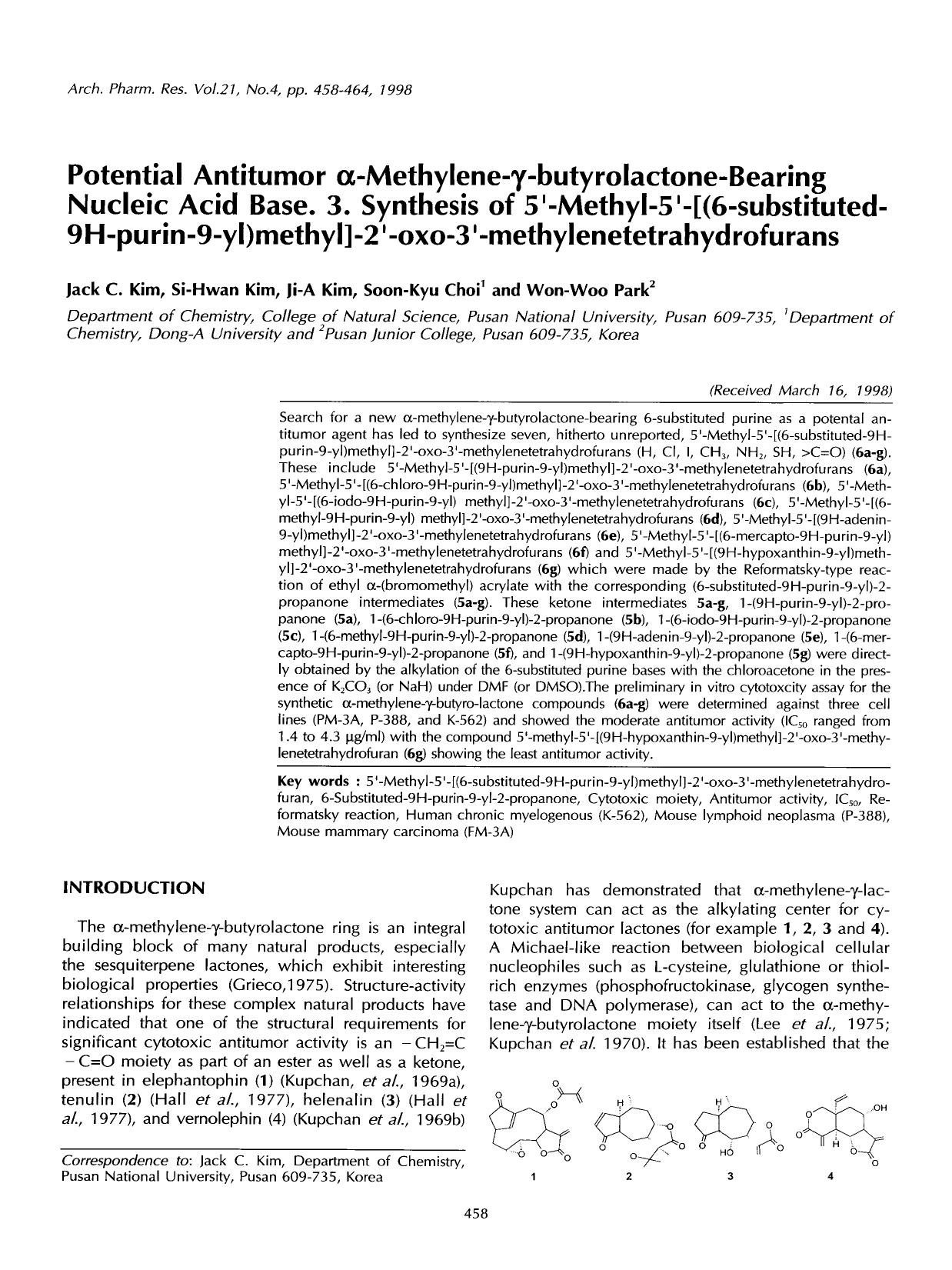 Potential antitumor &#x03B1;-methylene-&#x03B3;-butyrolactone-bearing nucleic acid base. 3. Synthesis of 5&#x2032;-Methyl-5&#x2032;-[(6-substituted-9H-purin-9-yl)methyl]-2&#x2032;- by Unknown