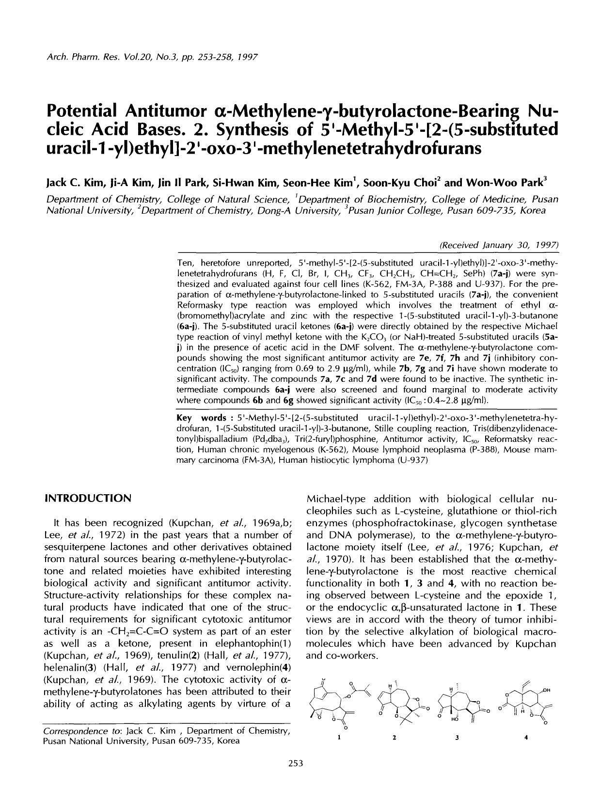 Potential antitumor &#x03B1;-methylene-&#x03C8;-butyrolactone-bearing nucleic acid bases. 2. Synthesis of 5&#x2032;-methyl-5&#x2032;-[2-(5-substituted uracil-1-yl)ethyl]-2&#x2032;- by Unknown