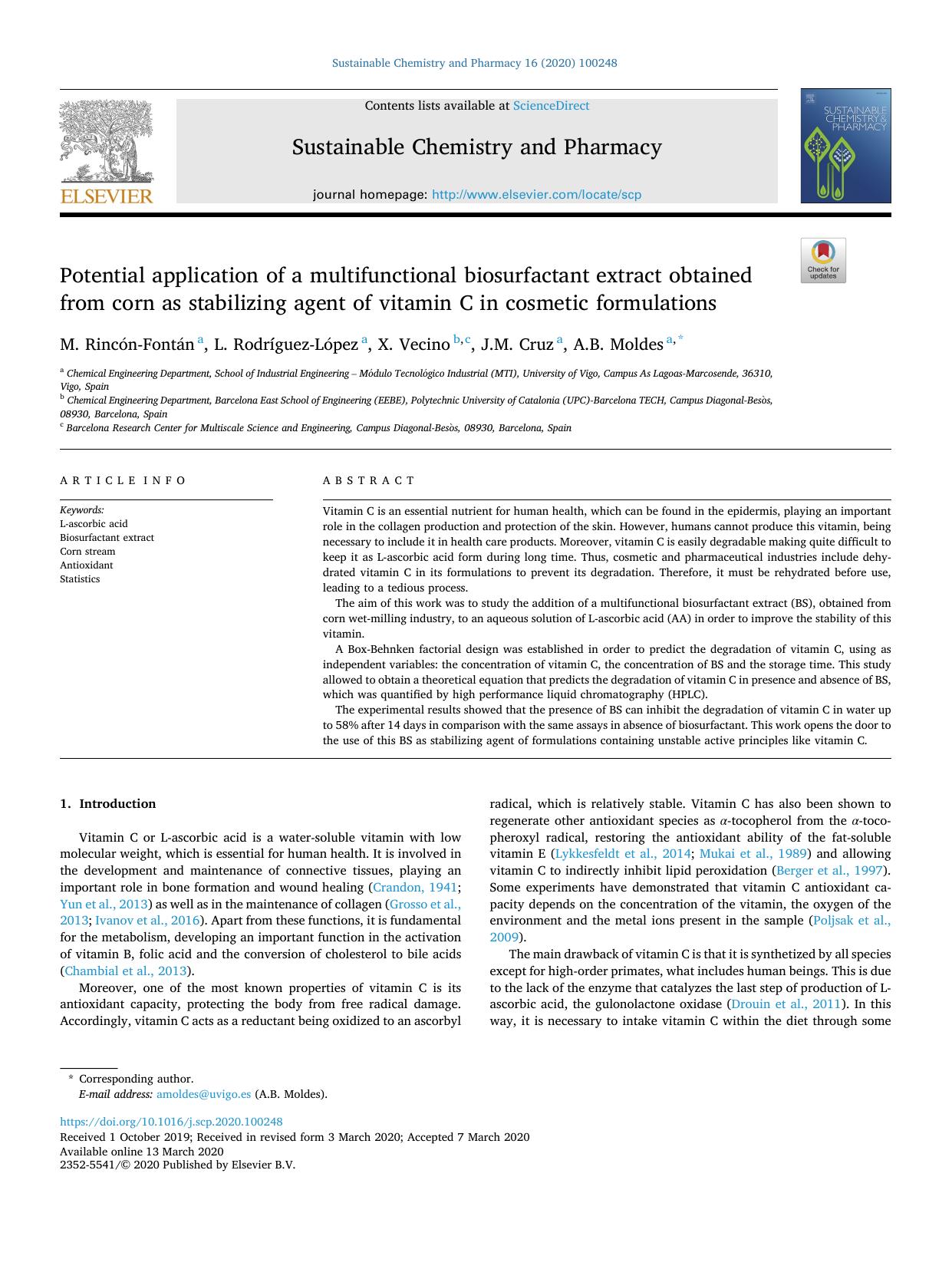 Potential application of a multifunctional biosurfactant extract obtained from corn as stabilizing agent of vitamin C in cosmetic formulations by M. Rincón-Fontán & L. Rodríguez-López & X. Vecino & J.M. Cruz & A.B. Moldes