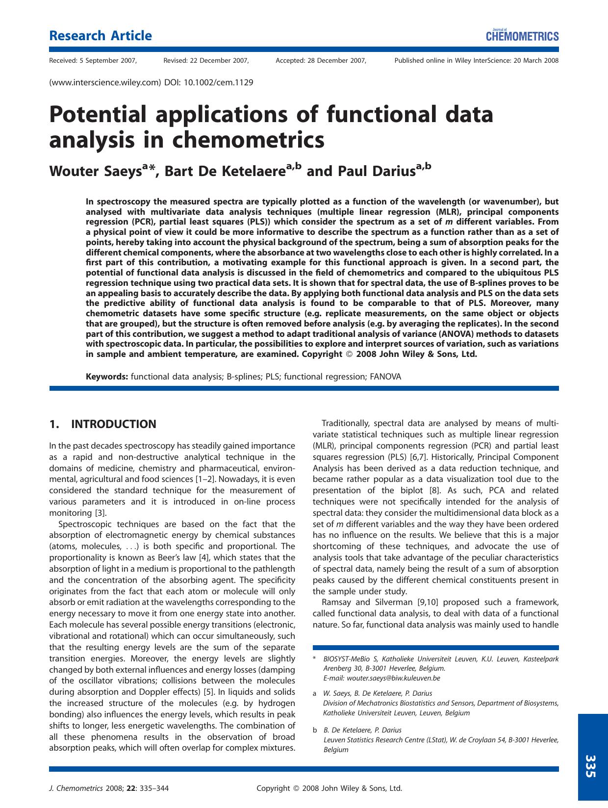 Potential applications of functional data analysis in chemometrics by Unknown