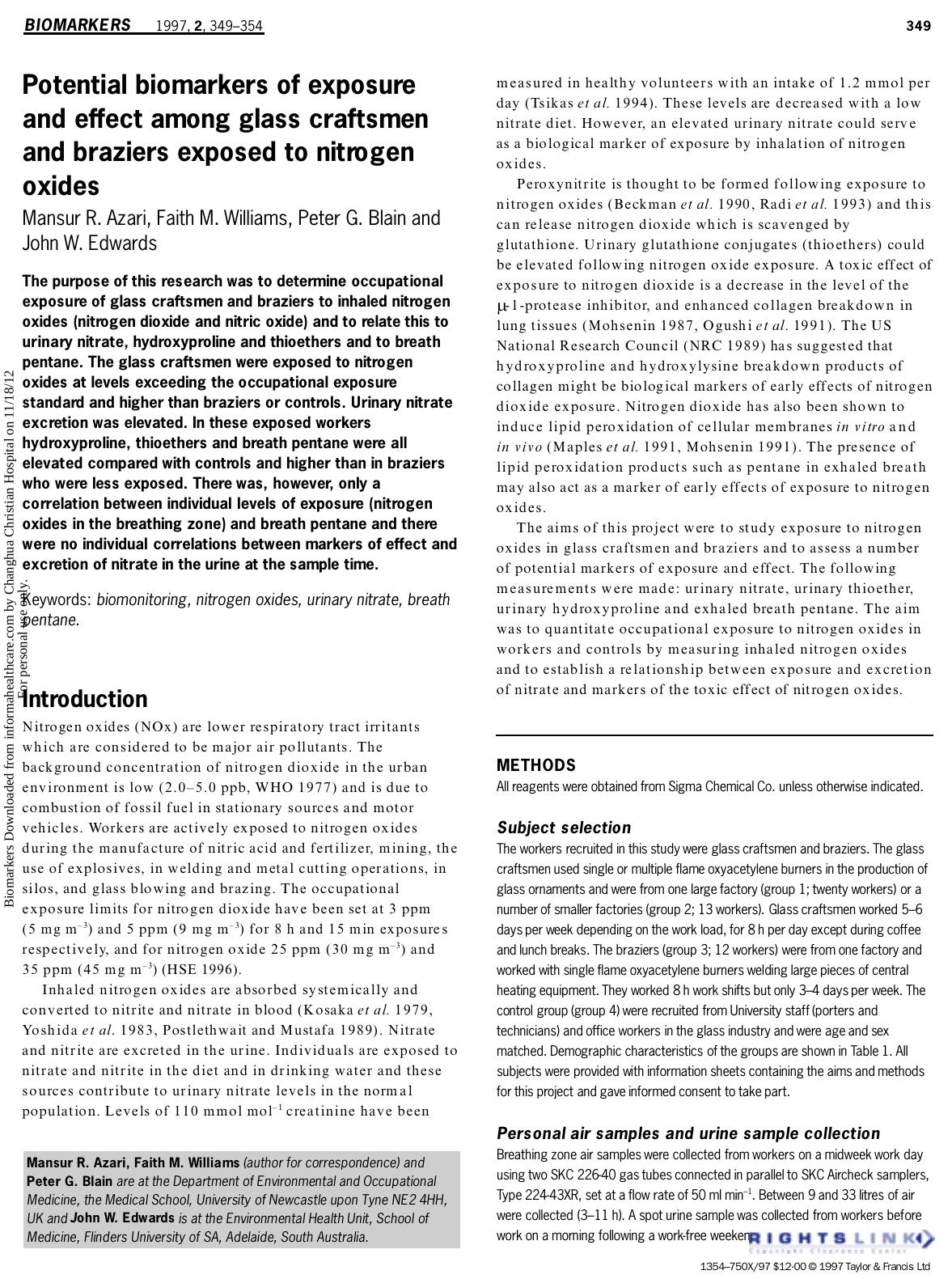 Potential biomarkers of exposure and effect among glass craftsmen and braziers exposed to nitrogen oxides by Mansur R. Azari Faith M. Williams Peter G. Blain John W. Edwards