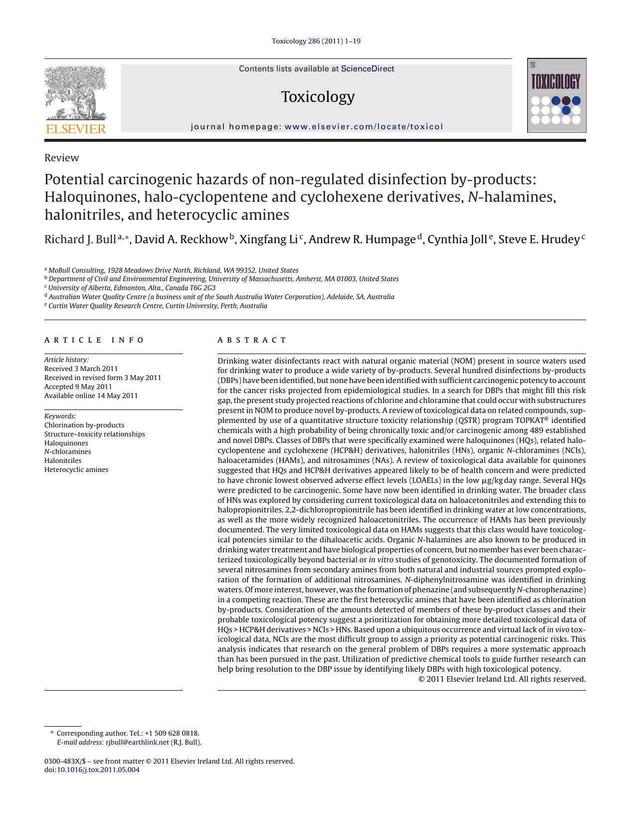 Potential carcinogenic hazards of non-regulated disinfection by-products: Haloquinones, halo-cyclopentene and cyclohexene derivatives, N-halamines, halonitriles, and heterocyclic amines by Richard J. Bull