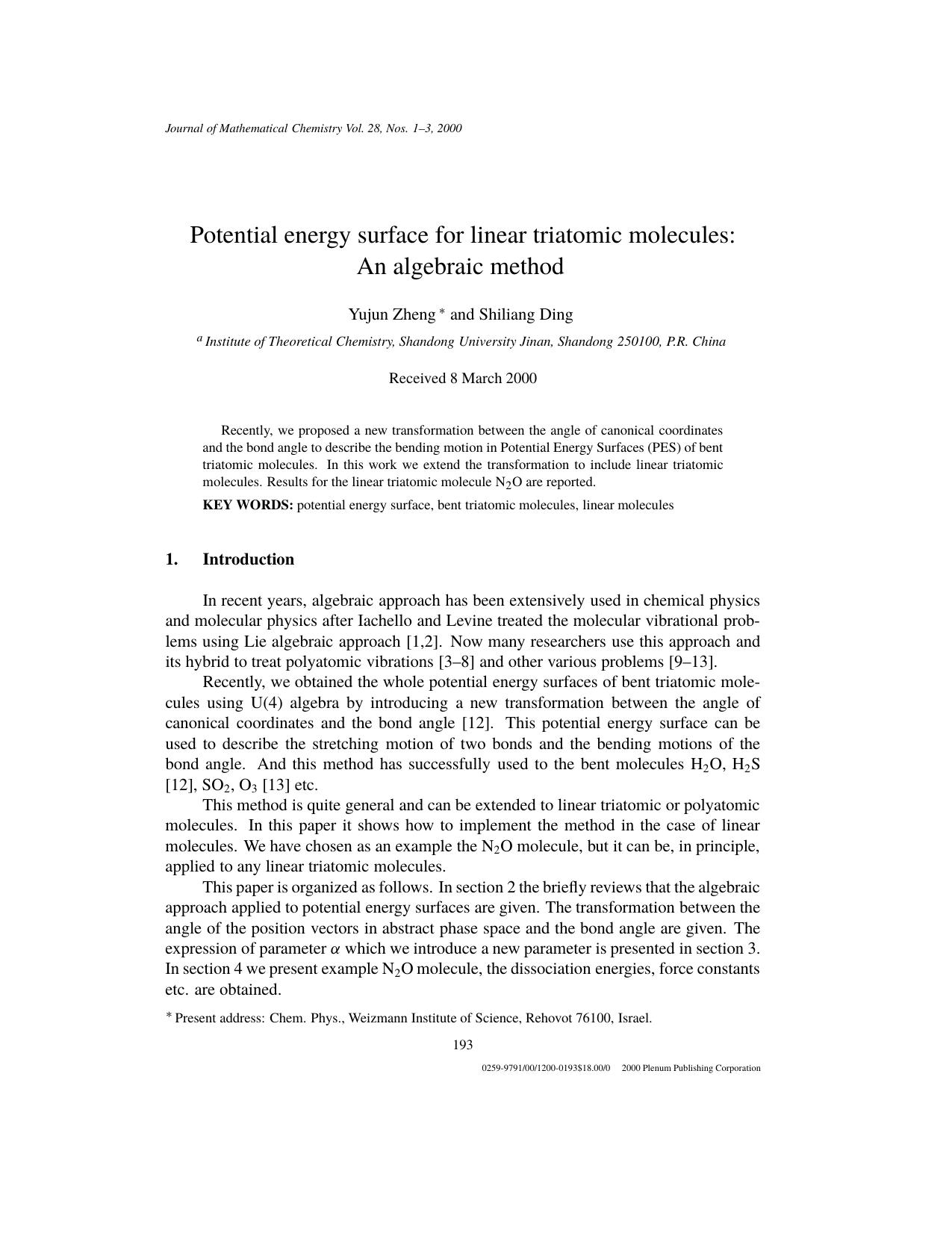Potential energy surface for linear triatomic molecules: An algebraic method by Unknown