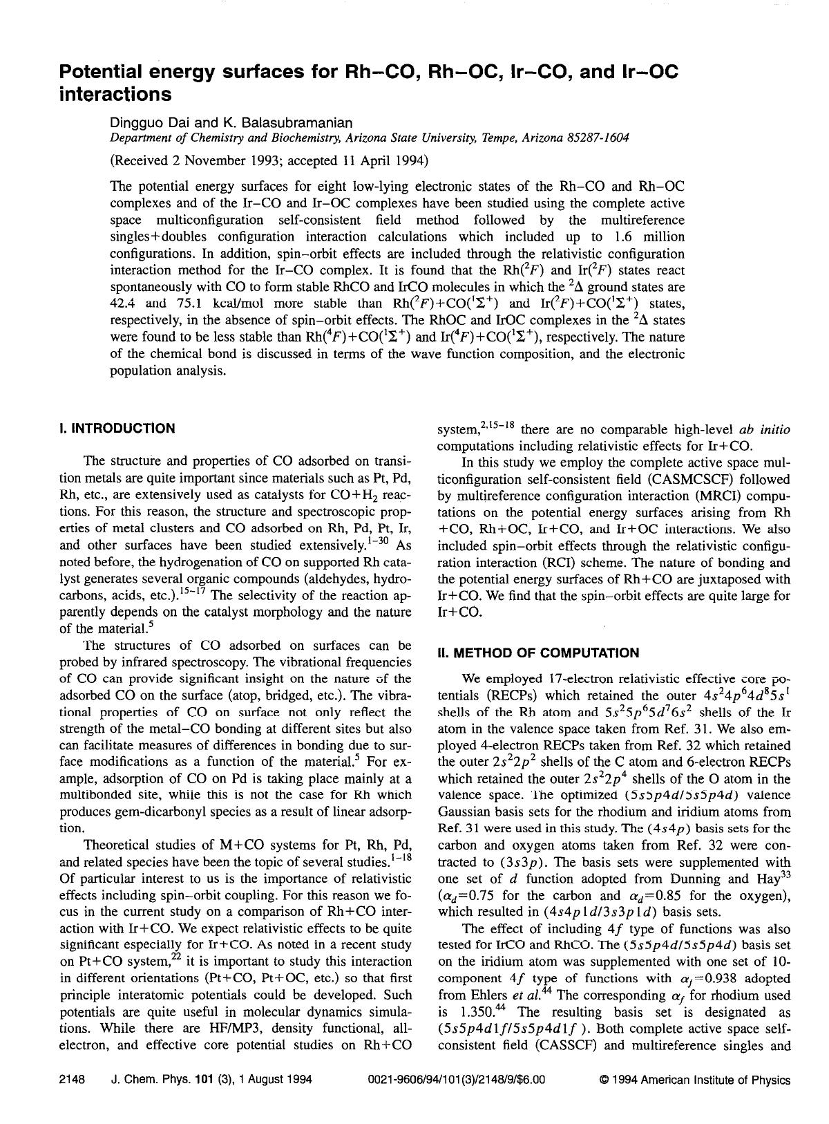 Potential energy surfaces for Rh--CO, Rh--OC, Ir--CO, and Ir--OC interactions by Dingguo Dai; K. Balasubramanian