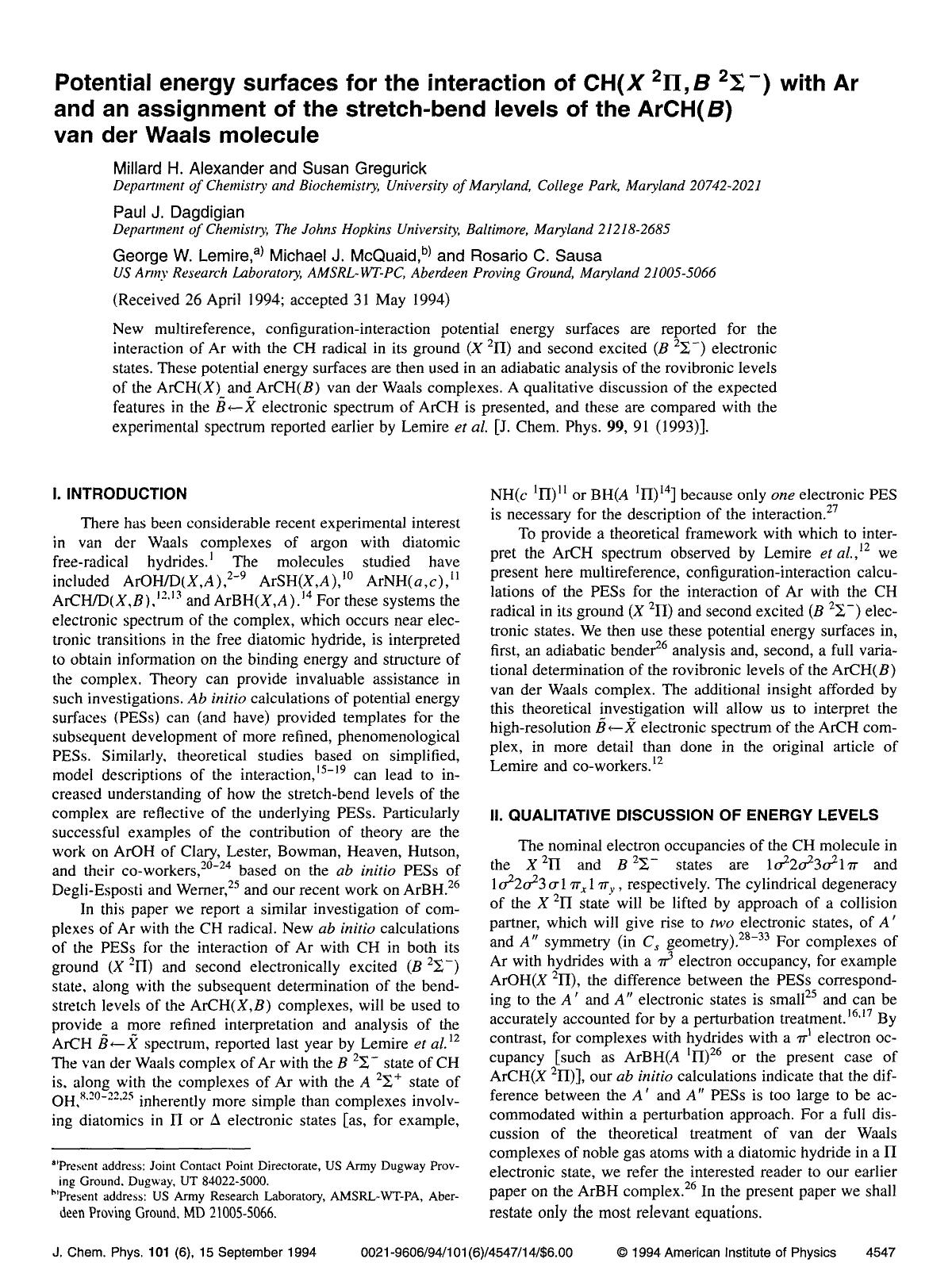 Potential energy surfaces for the interaction of CH(X 2&Pgr;,B 2&Sgr;-) with Ar and an assignment of the stretch-bend levels of the ArCH(B) van der Waals molecule by unknow