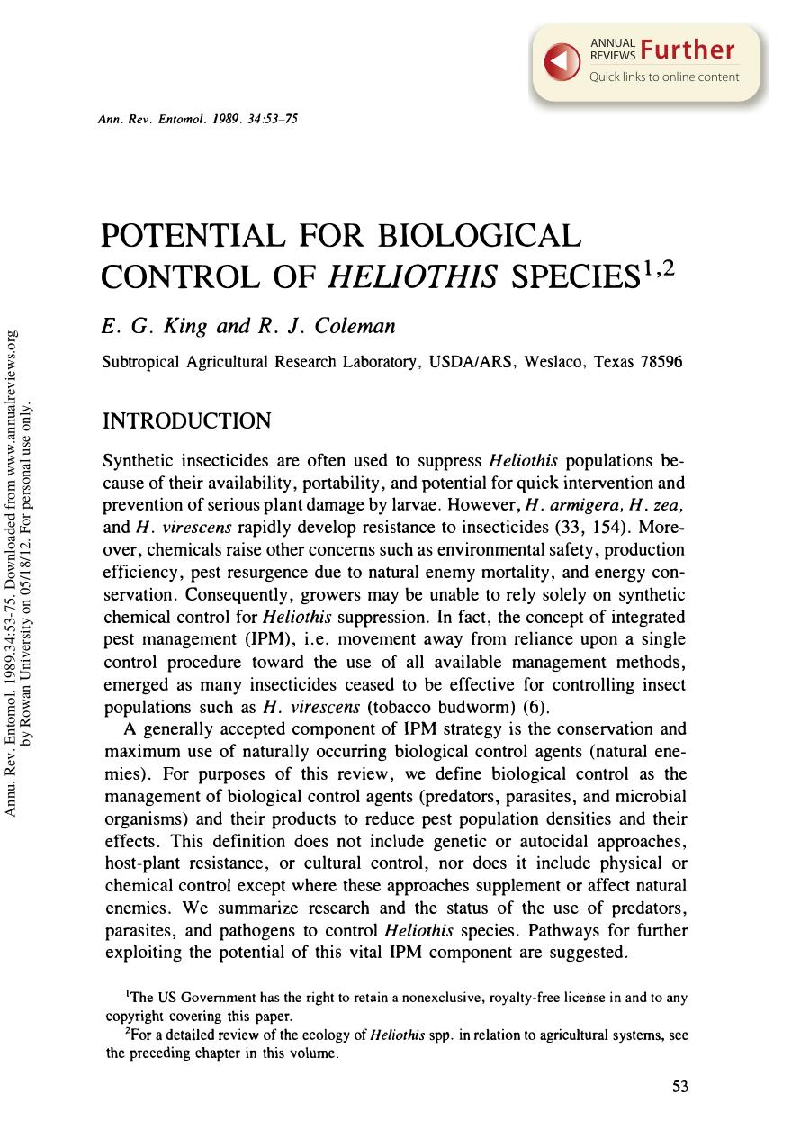 Potential for Biological Control of Heliothis Species by E G King & and R J Coleman