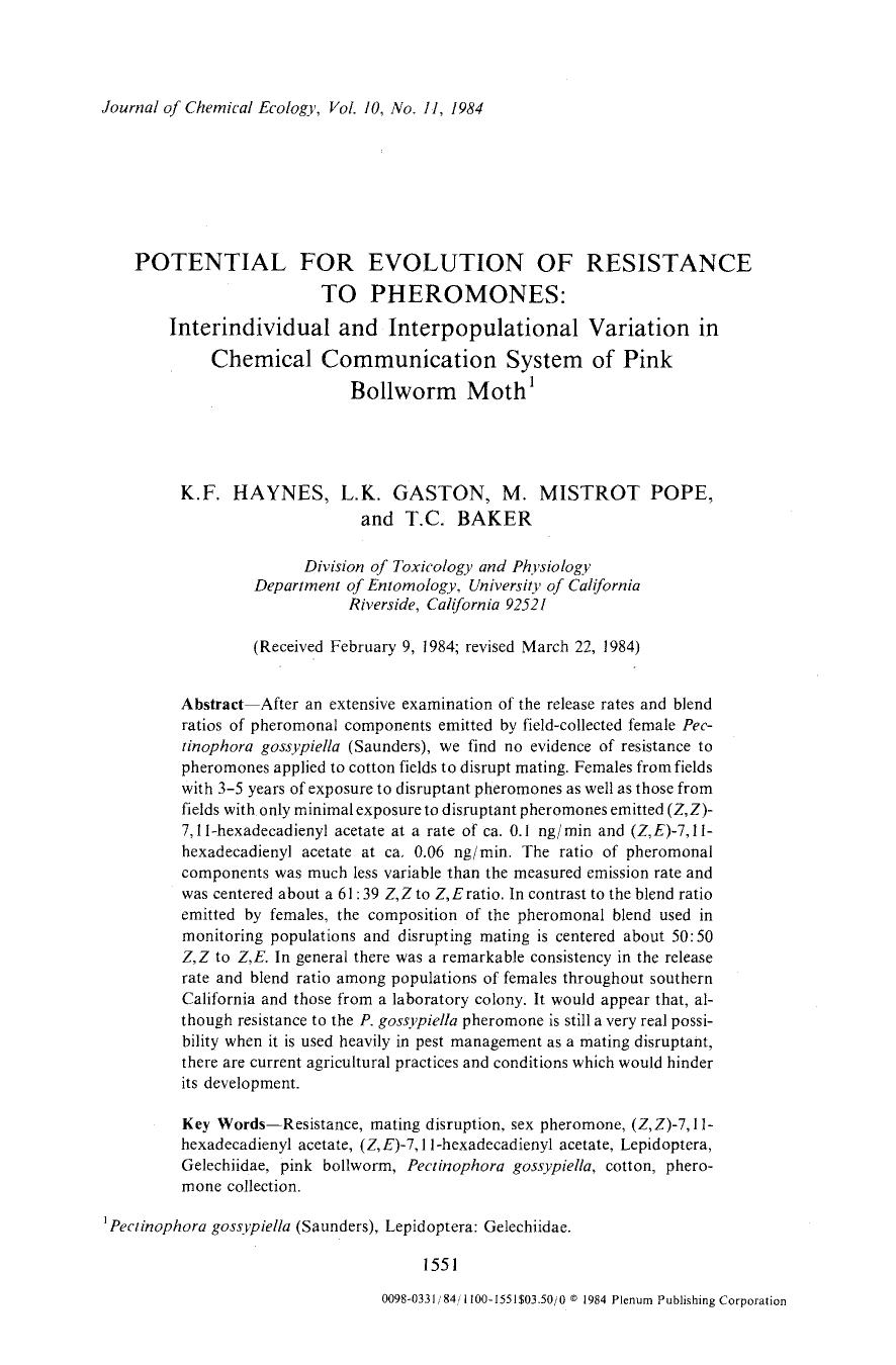 Potential for evolution of resistance to pheromones: Interindividual and interpopulational variation in chemical communication system of pink bollworm moth by Unknown