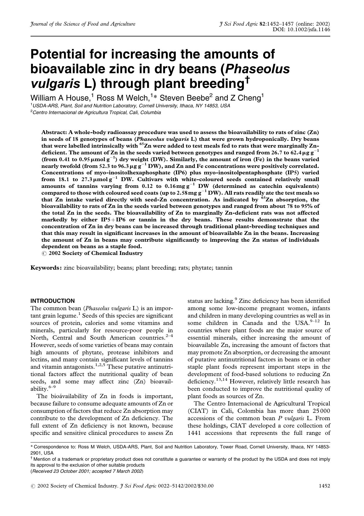 Potential for increasing the amounts of bioavailable zinc in dry beans (Phaseolus vulgaris L) through plant breeding by Unknown