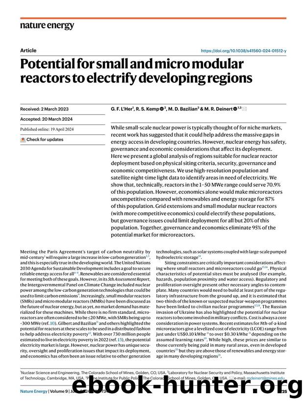 Potential for small and micro modular reactors to electrify developing regions by G. F. L’Her & R. S. Kemp & M. D. Bazilian & M. R. Deinert