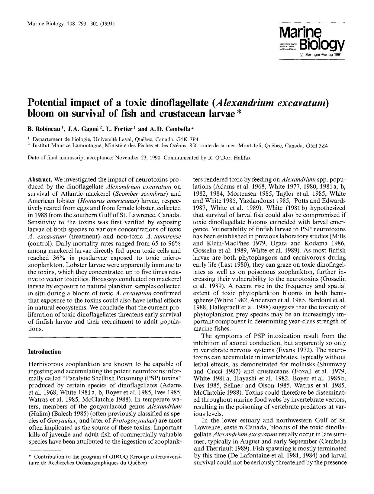 Potential impact of a toxic dinoflagellate ( <Emphasis Type="Italic">Alexandrium excavatum <Emphasis>) bloom on survival of fish and crustacean larvae by Unknown