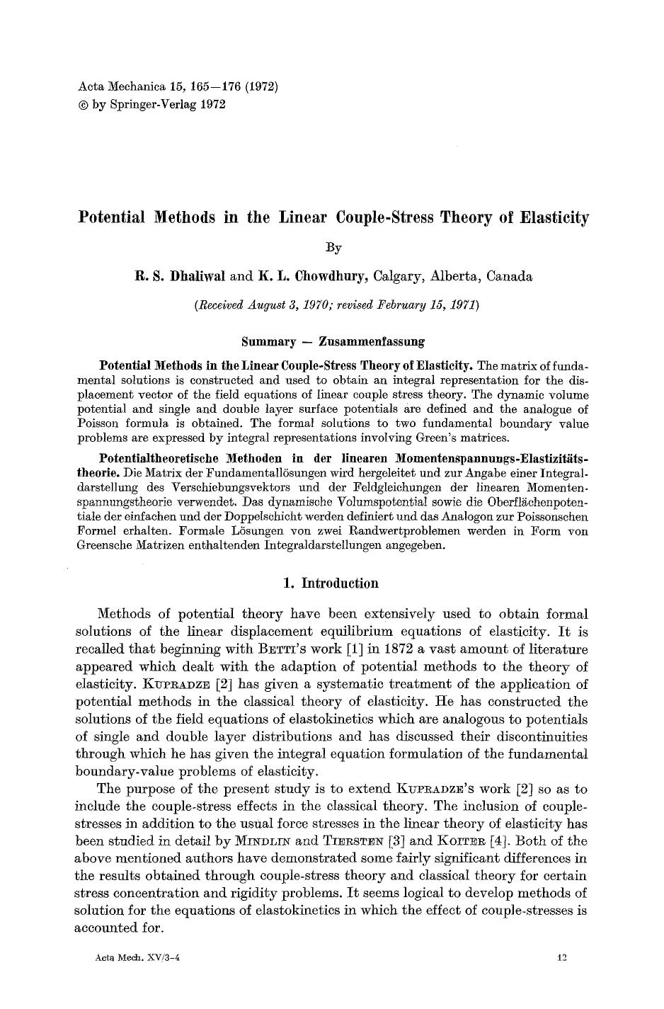 Potential methods in the linear couple-stress theory of elasticity by Unknown