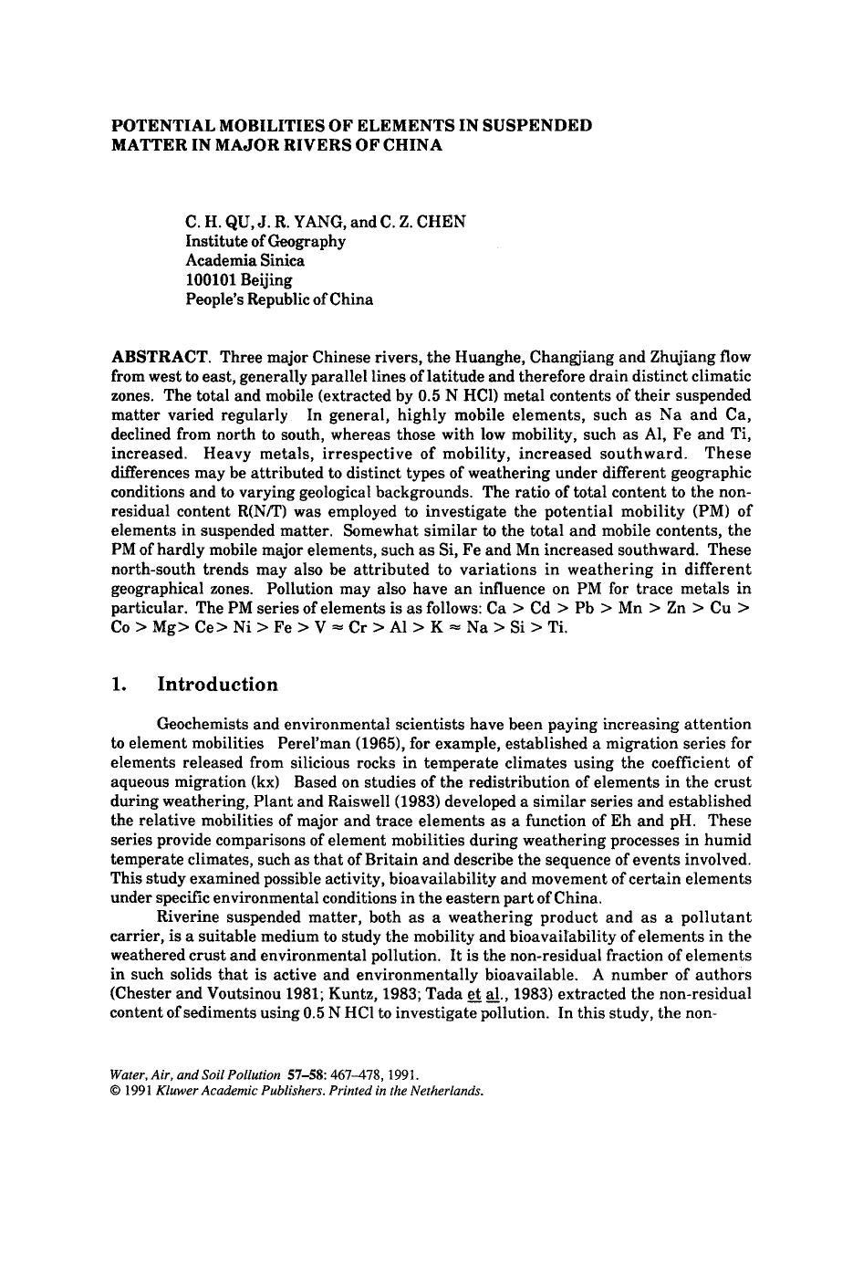 Potential mobilities of elements in suspended matter in major rivers of China by Unknown