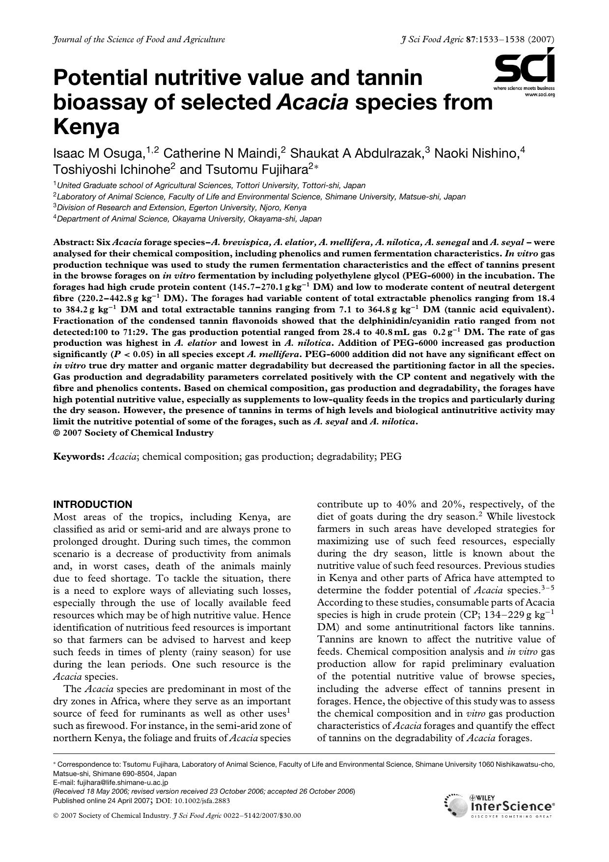 Potential nutritive value and tannin bioassay of selected Acacia species from Kenya by Unknown