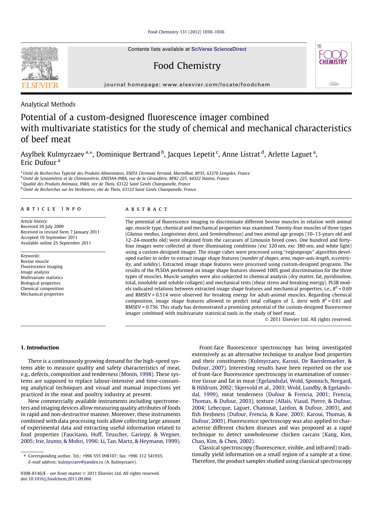 Potential of a custom-designed fluorescence imager combined with multivariate statistics for the study of chemical and mechanical characteristics of beef meat by unknow