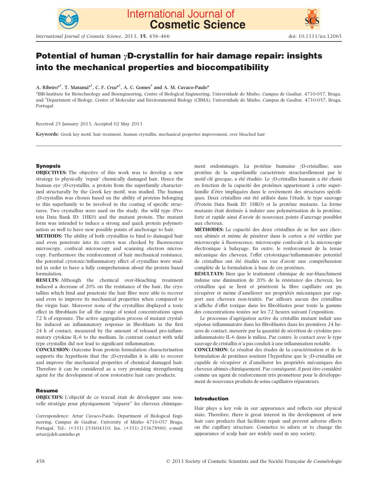 Potential of human Dcrystallin for hair damage repair: insights into the mechanical properties and biocompatibility by Unknown