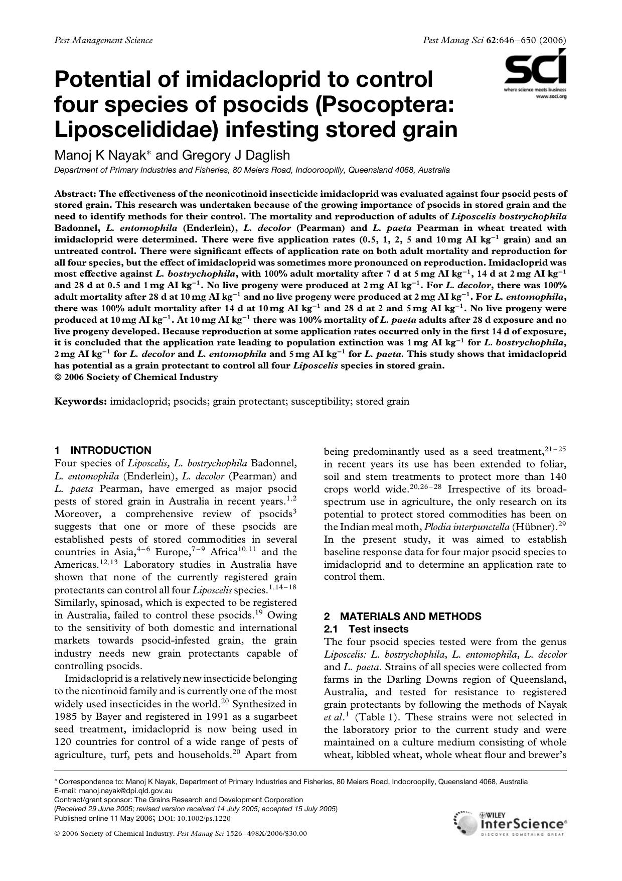 Potential of imidacloprid to control four species of psocids (Psocoptera: Liposcelididae) infesting stored grain by Unknown