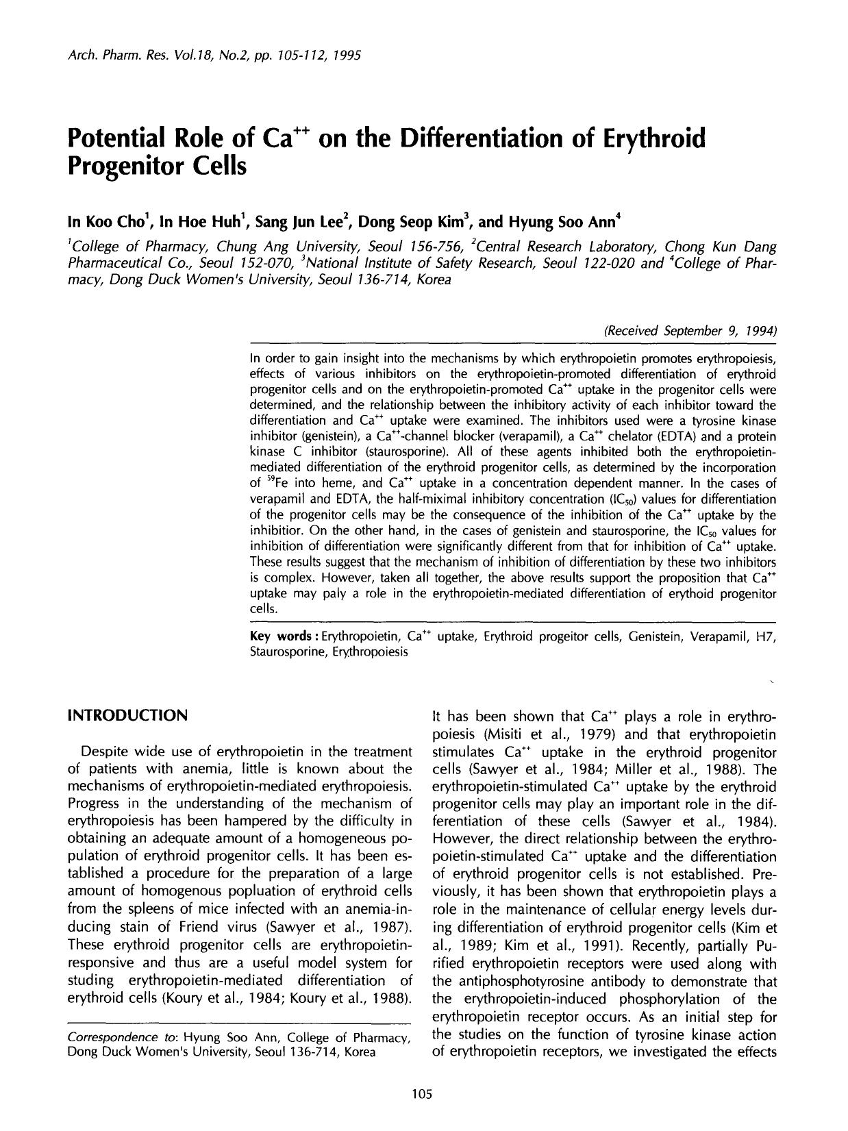 Potential role of Ca <Superscript>++ <Superscript> on the differentiation of erythroid progenitor cells by Unknown