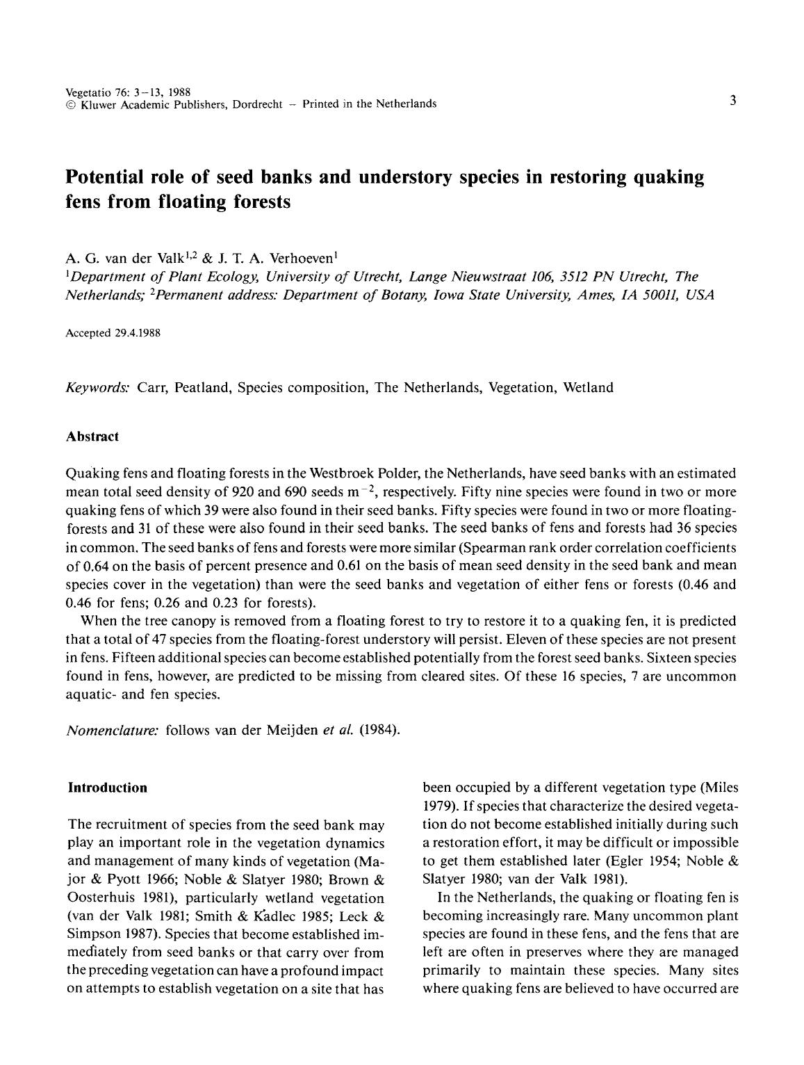 Potential role of seed banks and understory species in restoring quaking fens from floating forests by Unknown