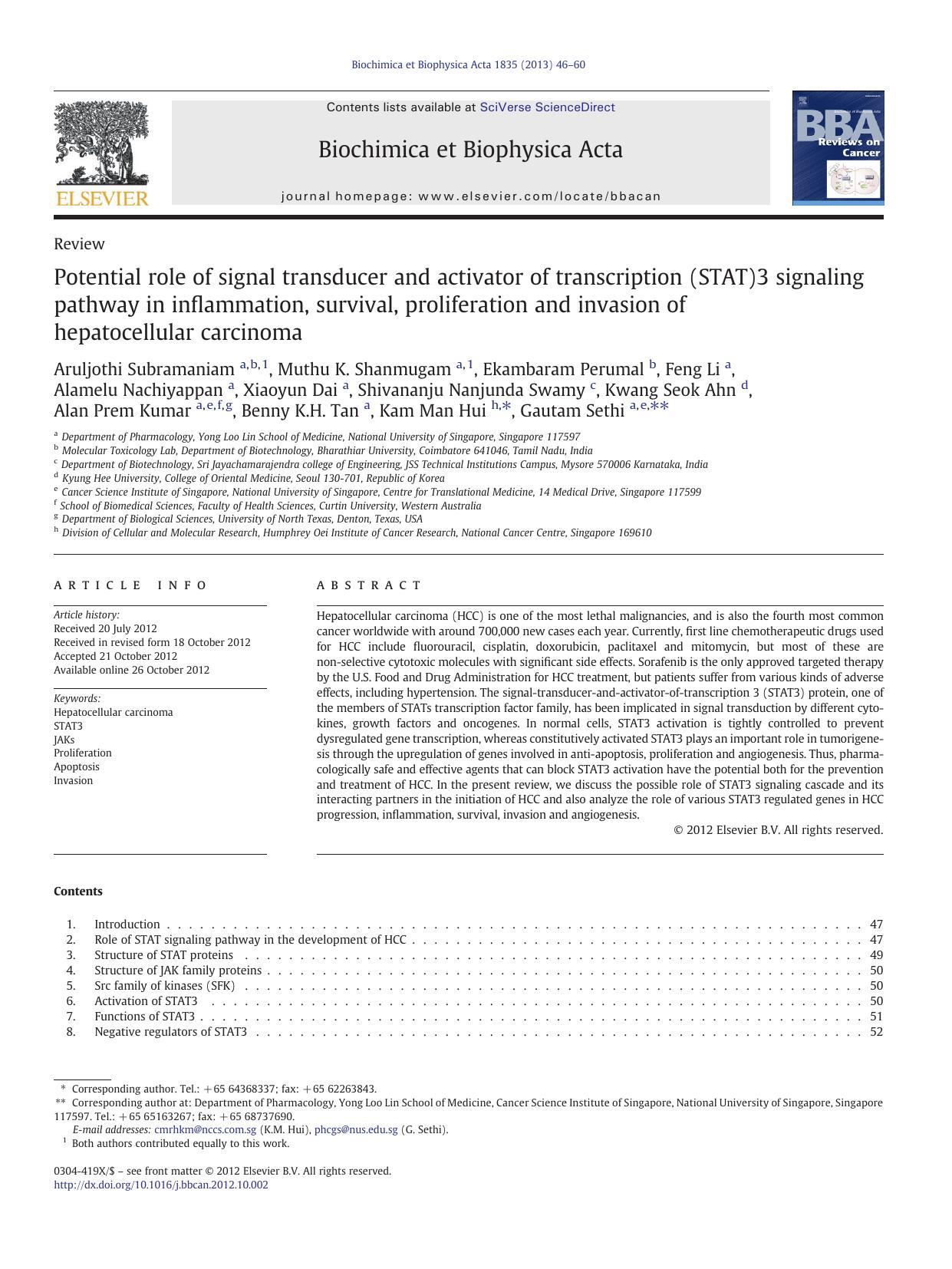 Potential role of signal transducer and activator of transcription (STAT)3 signaling pathway in inflammation, survival, proliferation and invasion of hepatocellular carcinoma by unknow