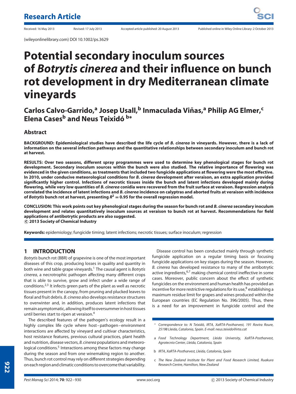 Potential secondary inoculum sources of Botrytis cinerea and their influence on bunch rot development in dry Mediterranean climate vineyards by Unknown