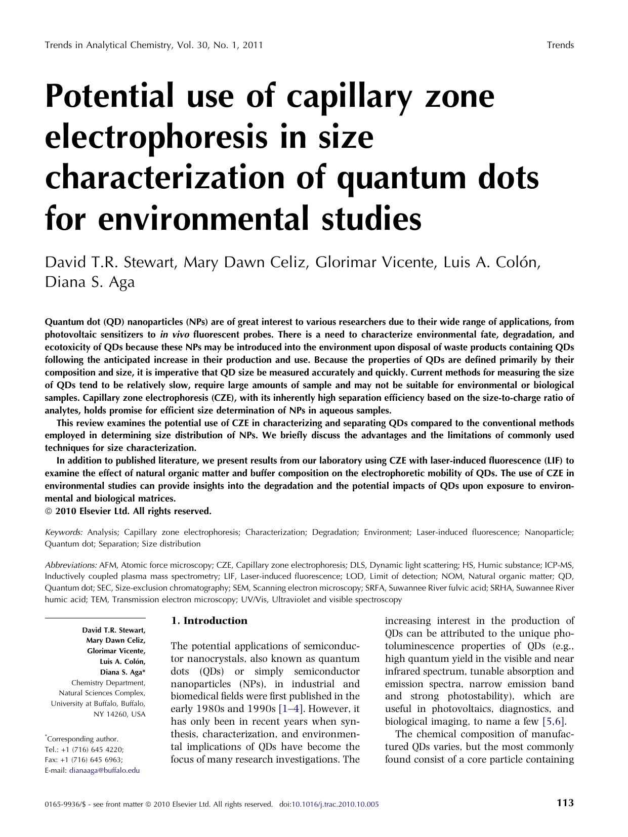 Potential use of capillary zone electrophoresis in size characterization of quantum dots for environmental studies by David T.R. Stewart & Mary Dawn Celiz & Glorimar Vicente & Luis A. Colón & Diana S. Aga