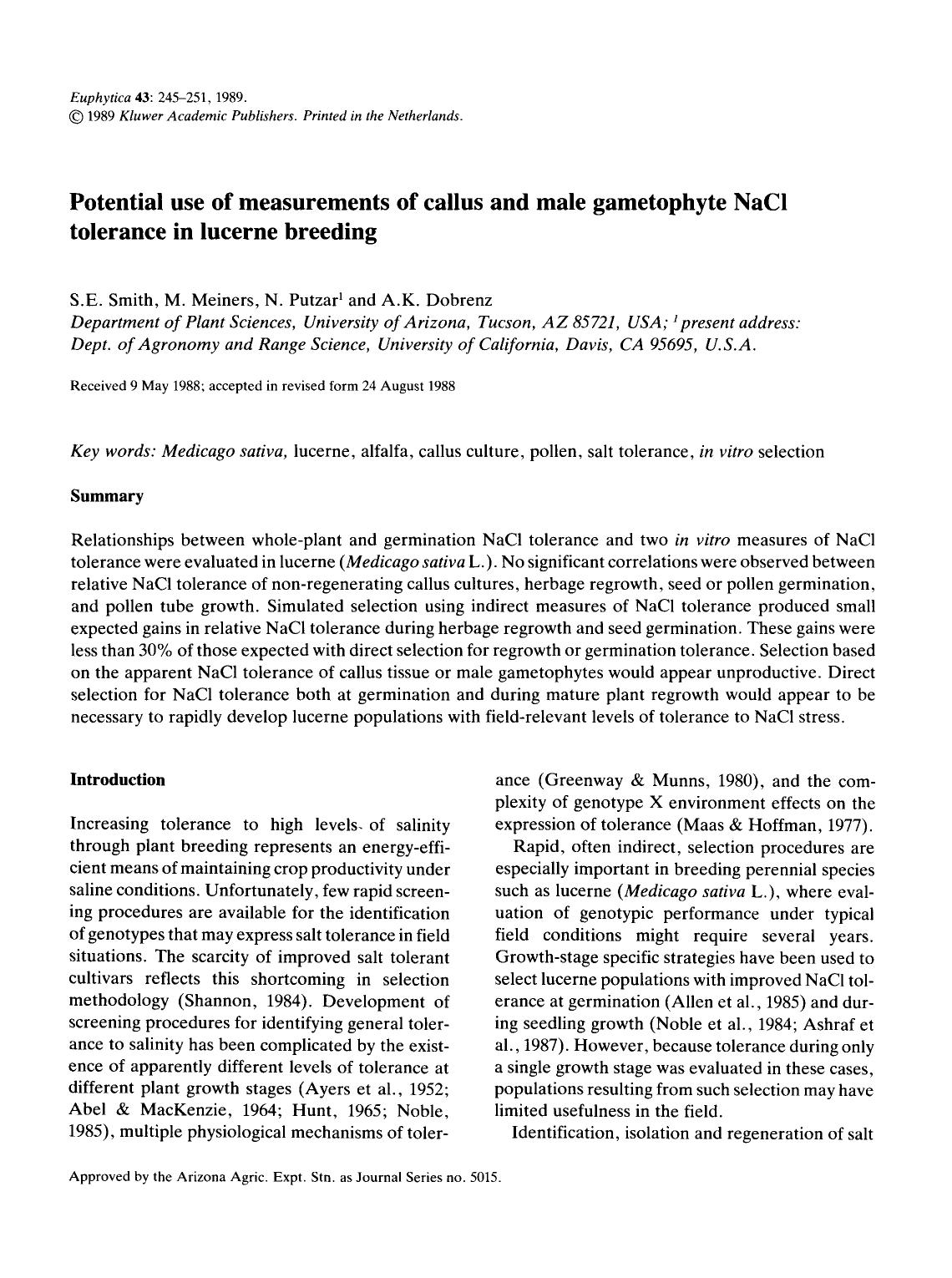 Potential use of measurements of callus and male gametophyte NaCl tolerance in lucerne breeding by Unknown
