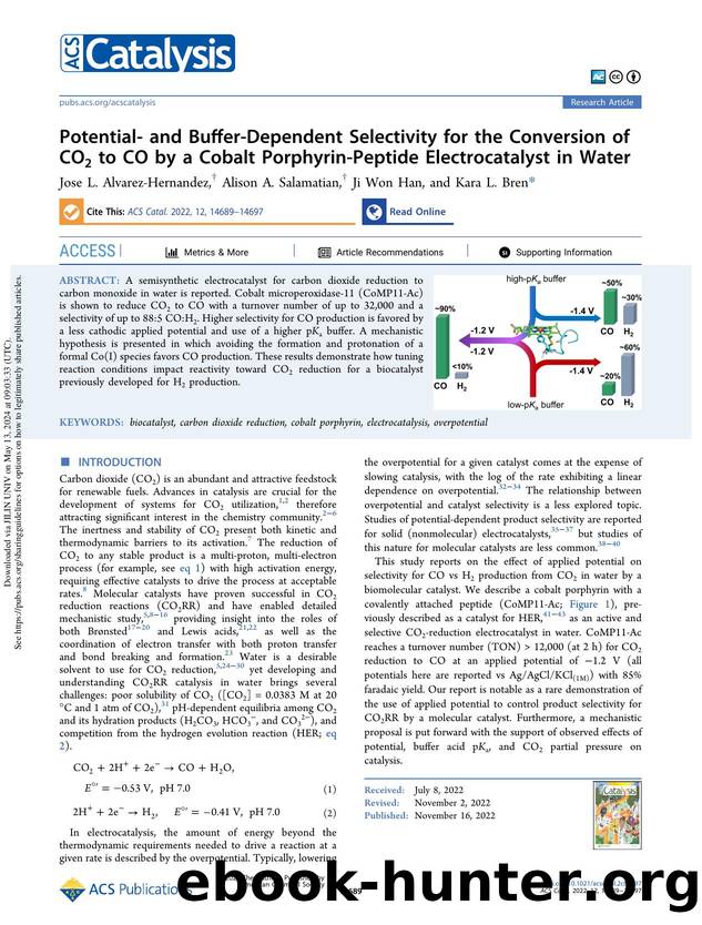Potential- and Buffer-Dependent Selectivity for the Conversion of CO2 to CO by a Cobalt Porphyrin-Peptide Electrocatalyst in Water by Jose L. Alvarez-Hernandez Alison A. Salamatian Ji Won Han & Kara L. Bren