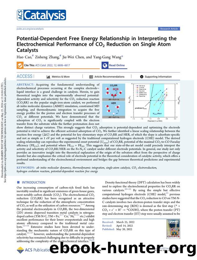 Potential-Dependent Free Energy Relationship in Interpreting the Electrochemical Performance of CO2 Reduction on Single Atom Catalysts by Hao Cao Zisheng Zhang Jie-Wei Chen & Yang-Gang Wang
