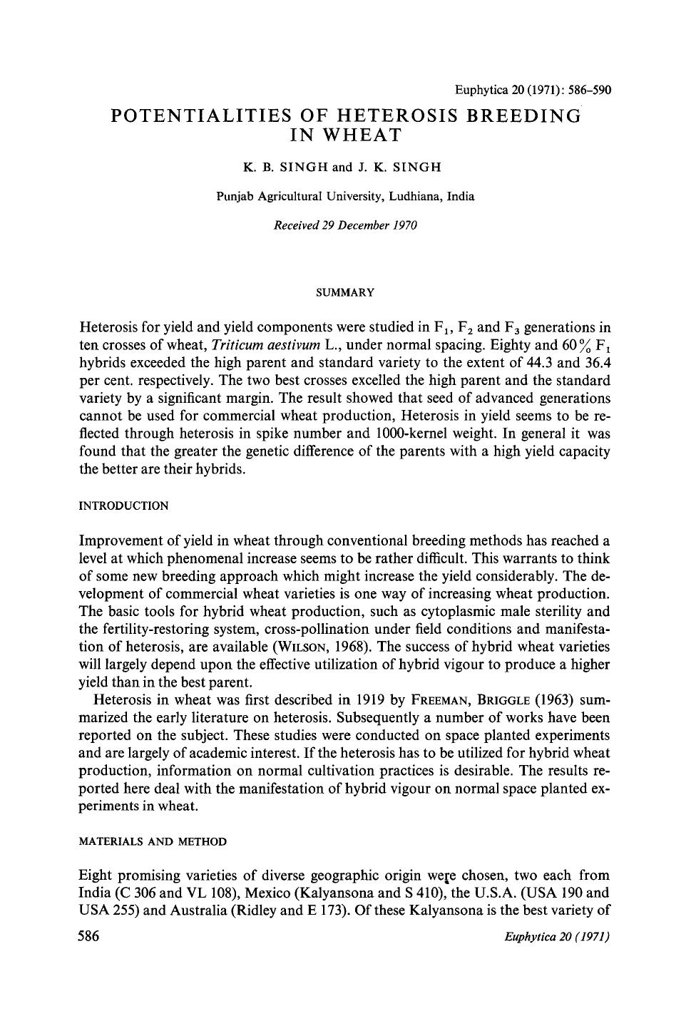 Potentialities of heterosis breeding in wheat by Unknown