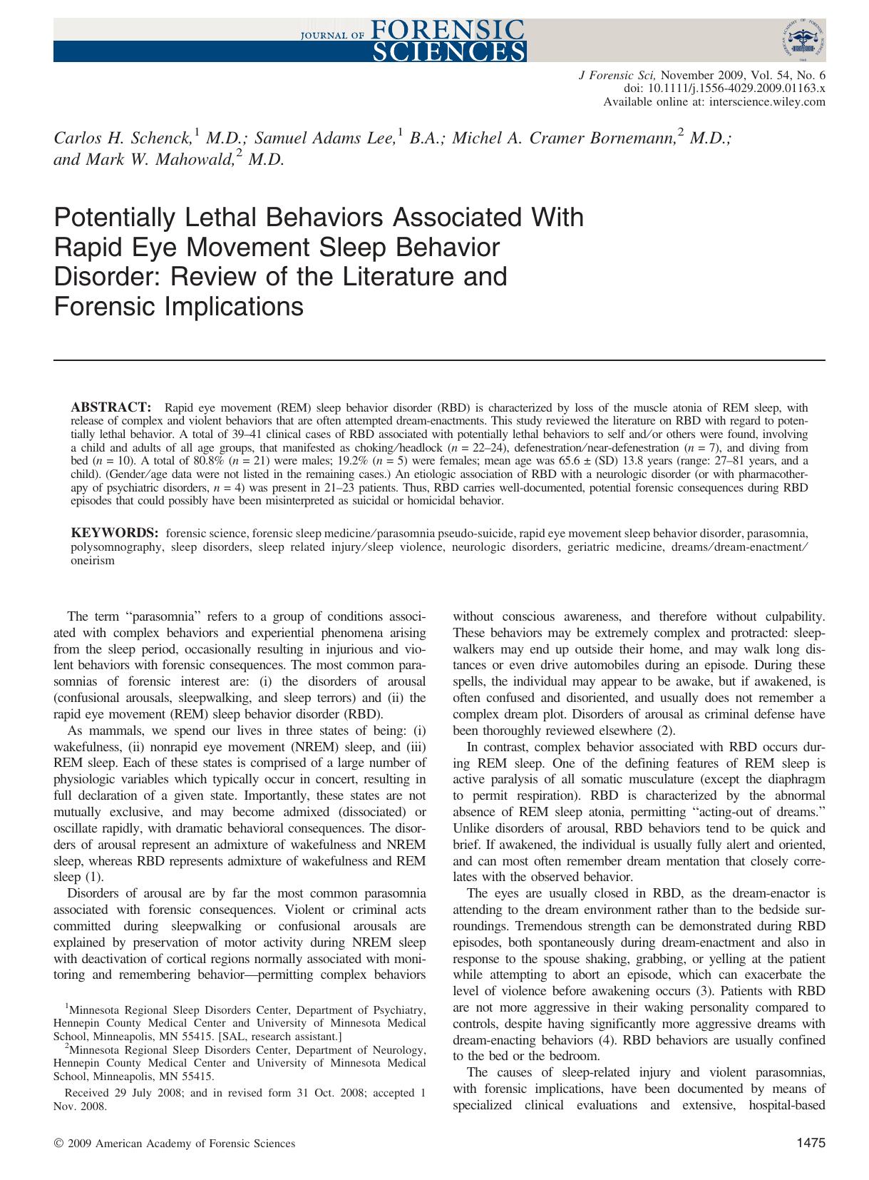 Potentially Lethal Behaviors Associated With Rapid Eye Movement Sleep Behavior Disorder: Review of the Literature and Forensic Implications by Unknown