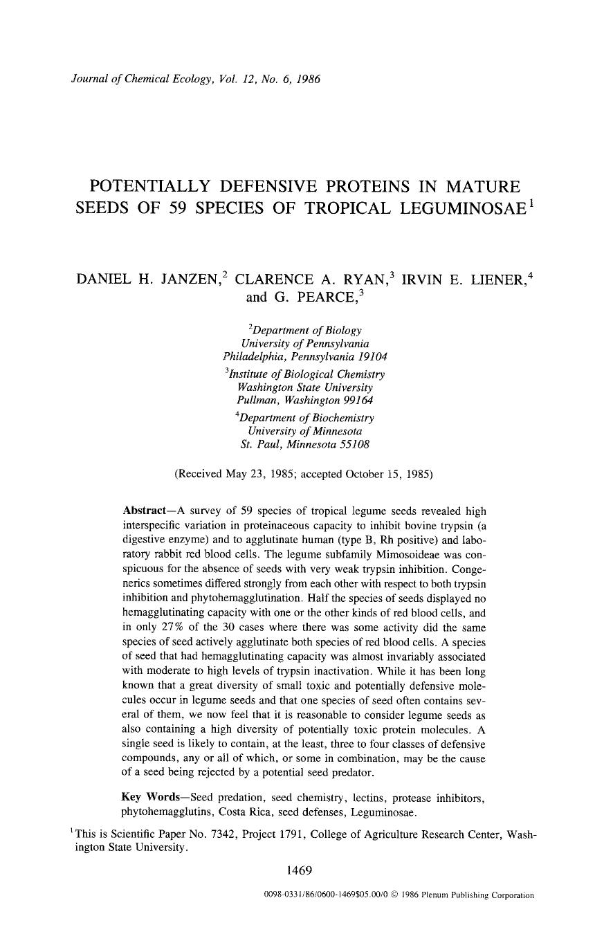 Potentially defensive proteins in mature seeds of 59 species of tropical leguminosae by Unknown
