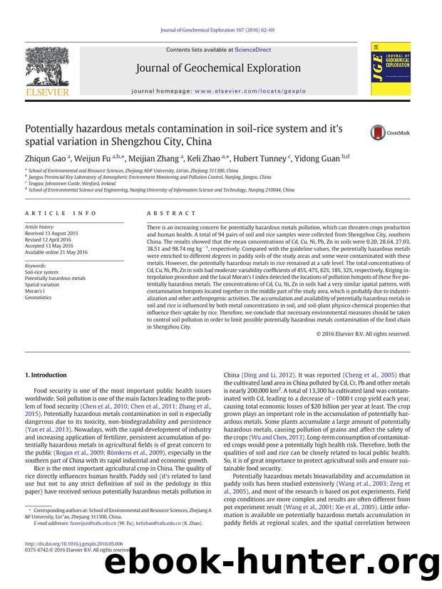 Potentially hazardous metals contamination in soil-rice system and it's spatial variation in Shengzhou City, China by Zhiqun Gao & Weijun Fu & Meijian Zhang & Keli Zhao & Hubert Tunney & Yidong Guan