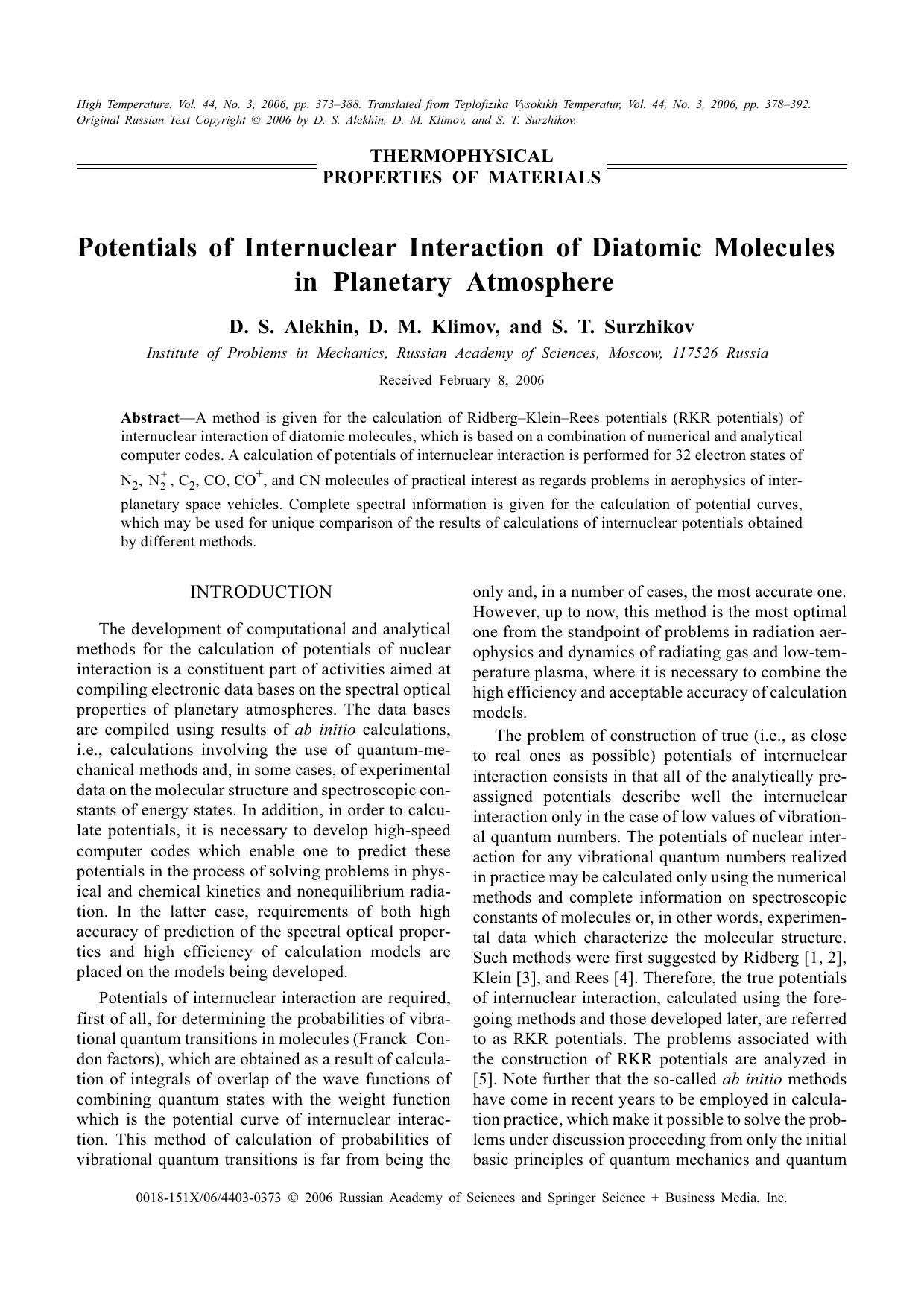 Potentials of internuclear interaction of diatomic molecules in planetary atmosphere by Unknown