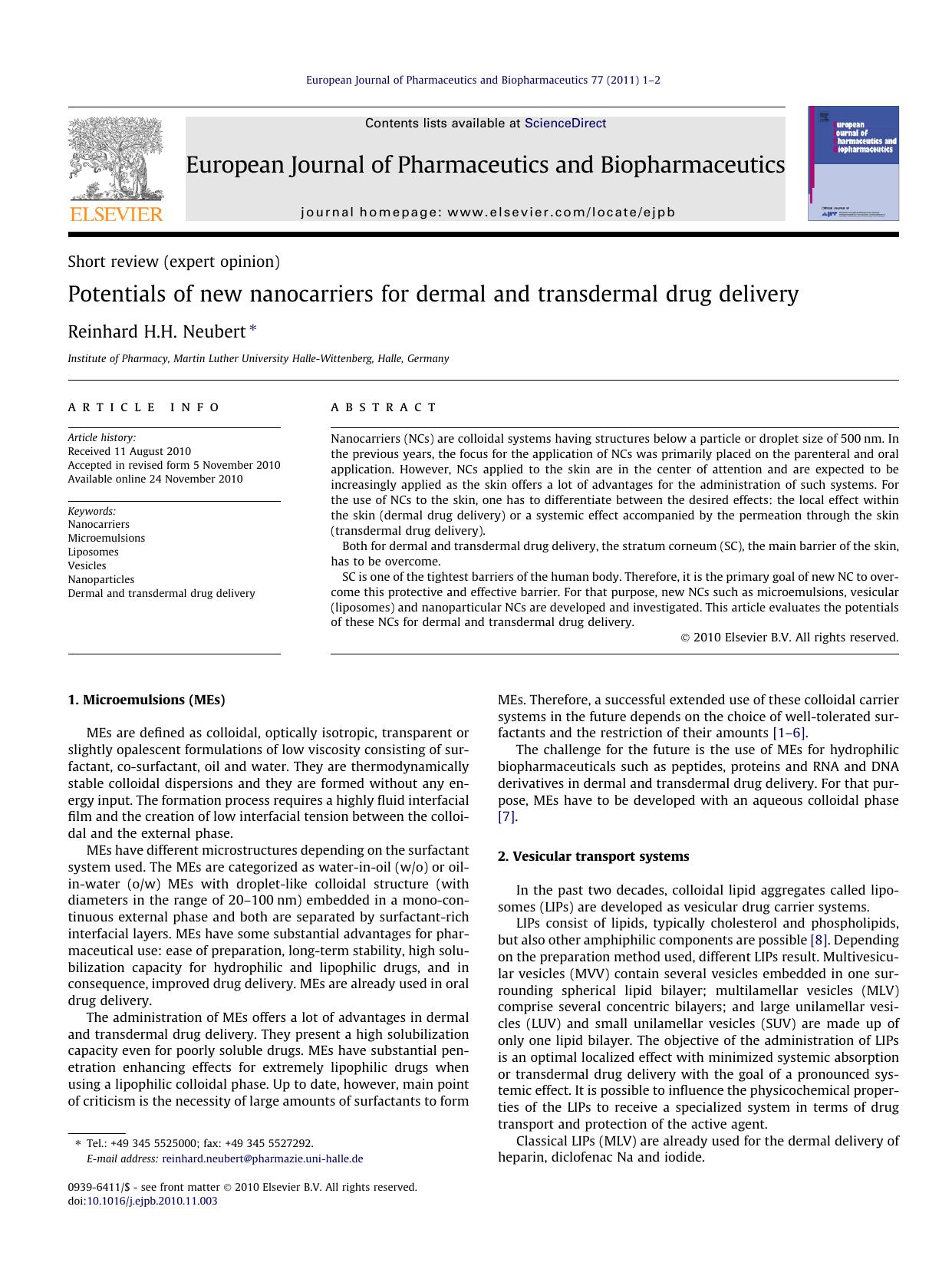 Potentials of new nanocarriers for dermal and transdermal drug delivery by Reinhard H.H. Neubert