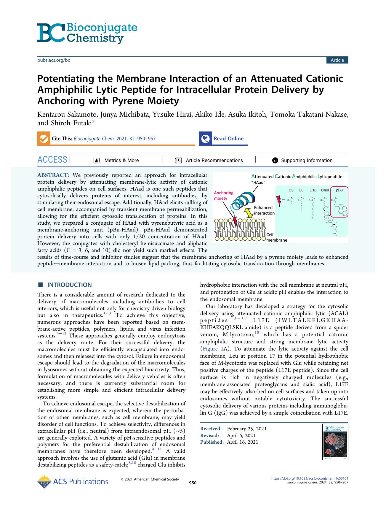 Potentiating the Membrane Interaction of an Attenuated Cationic Amphiphilic Lytic Peptide for Intracellular Protein Delivery by Anchoring with Pyrene Moiety by unknow