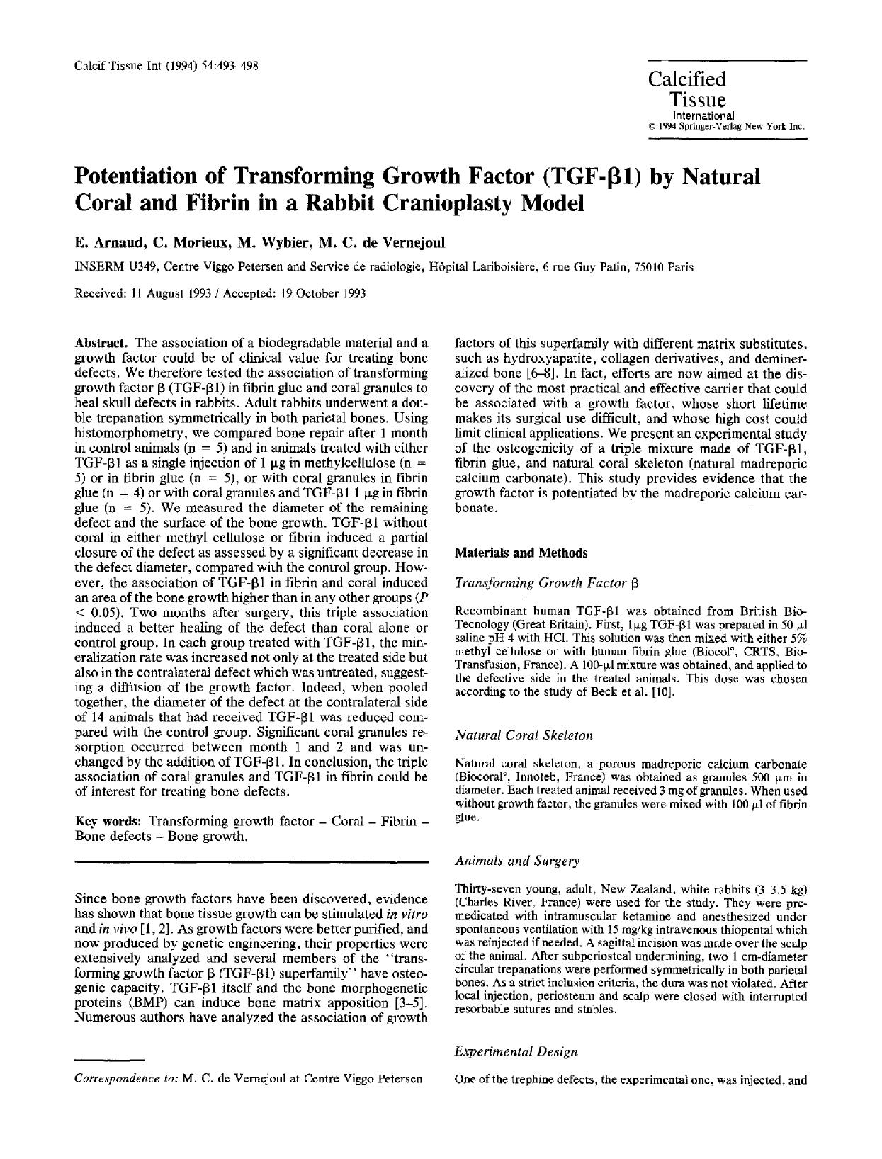 Potentiation of transforming growth factor (TGF-&#x03B2;1) by natural coral and fibrin in a rabbit cranioplasty model by Unknown