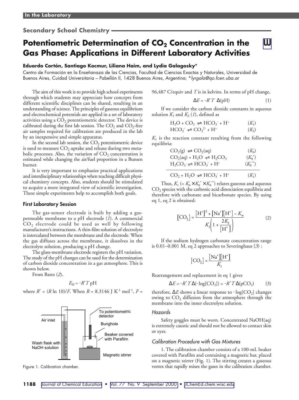 Potentiometric Determination of CO2 Concentration in the Gaseous Phase: Applications in Different Laboratory Activities by Eduardo CortŠn Santiago Kocmur Liliana Haim & Lydia Galagovsky