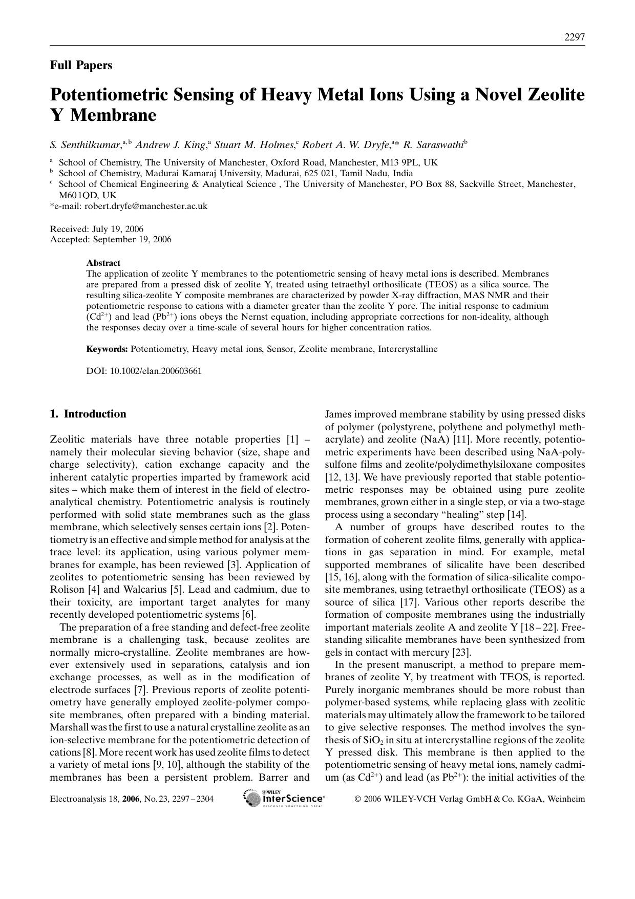 Potentiometric Sensing of Heavy Metal Ions Using a Novel Zeolite Y Membrane by Unknown