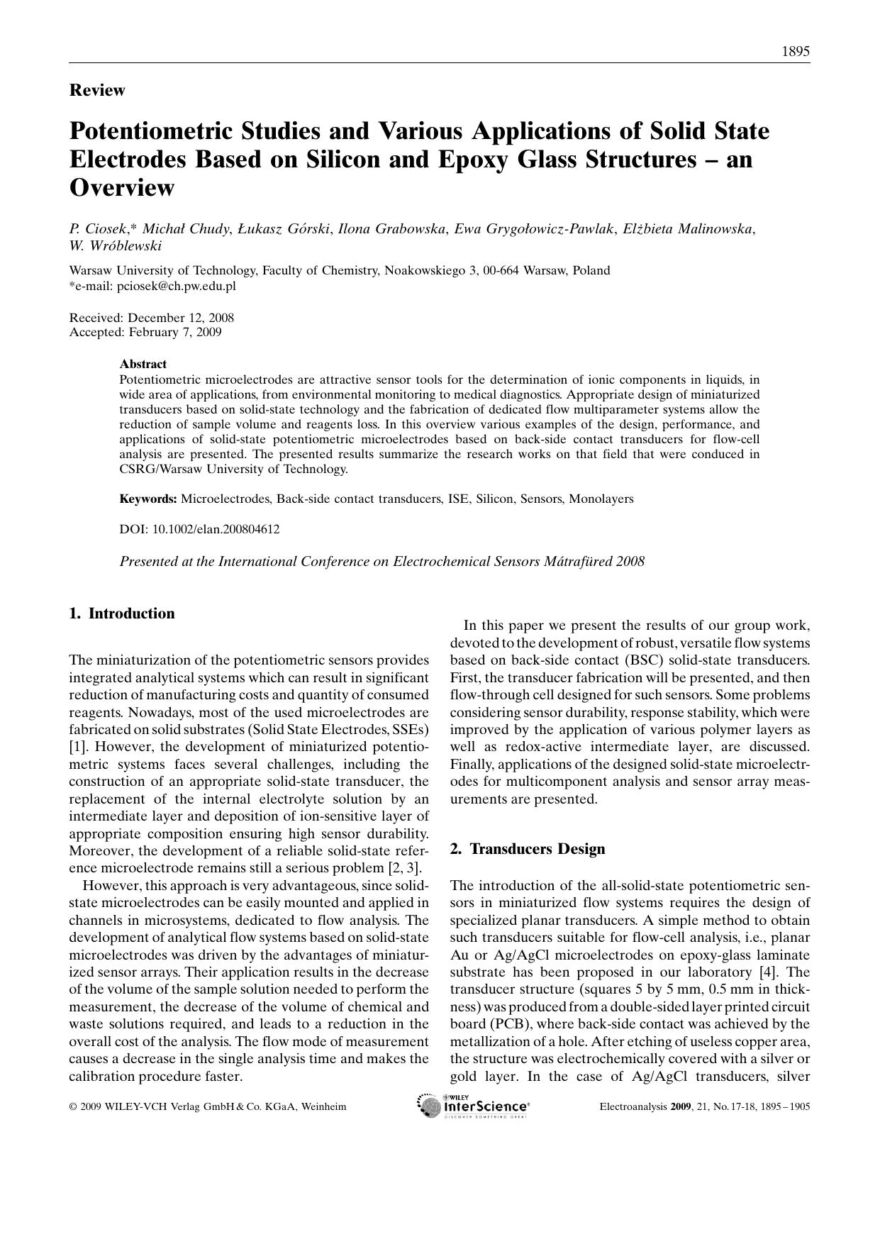 Potentiometric Studies and Various Applications of Solid State Electrodes Based on Silicon and Epoxy Glass Structures - an Overview by Unknown