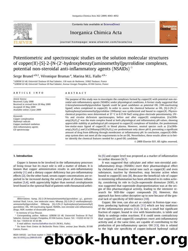 Potentiometric and spectroscopic studies on the solution molecular structures of copper(II)-[S]-2-[N-(2â²-hydroxybenzyl)aminomethyl]pyrrolidine complexes, potential non-steroidal  by Serge Brunel; Véronique Brumas; Marina M.L. Fiallo