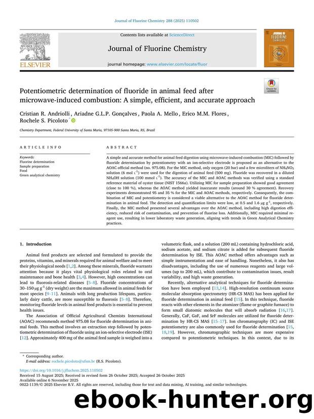 Potentiometric determination of fluoride in animal feed after microwave-induced combustion: A simple, efficient, and accurate approach by unknow