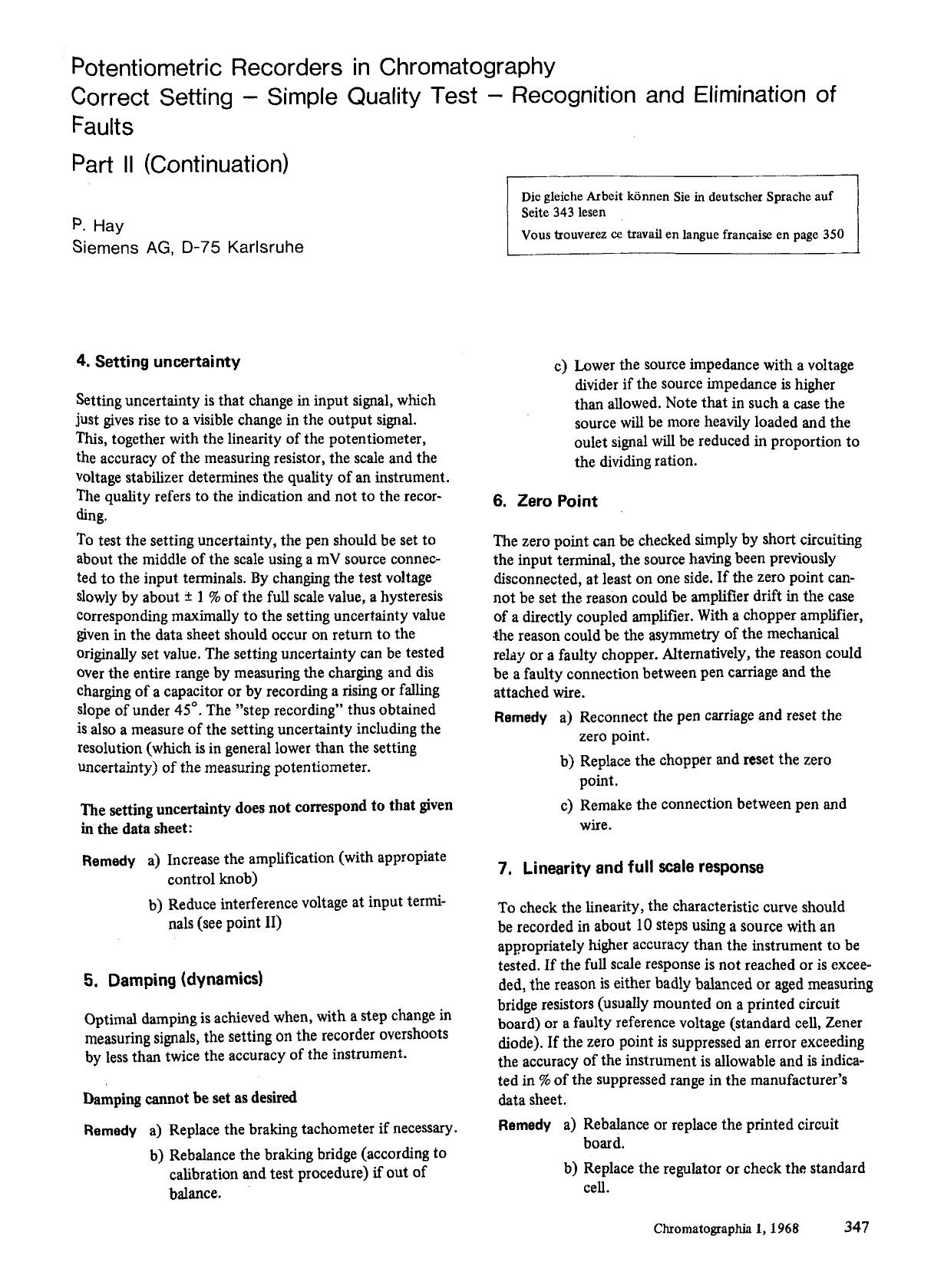 Potentiometric recorders in chromatography correct setting &#x2014; simple quality test &#x2014; recognition and elimination of faults by Unknown