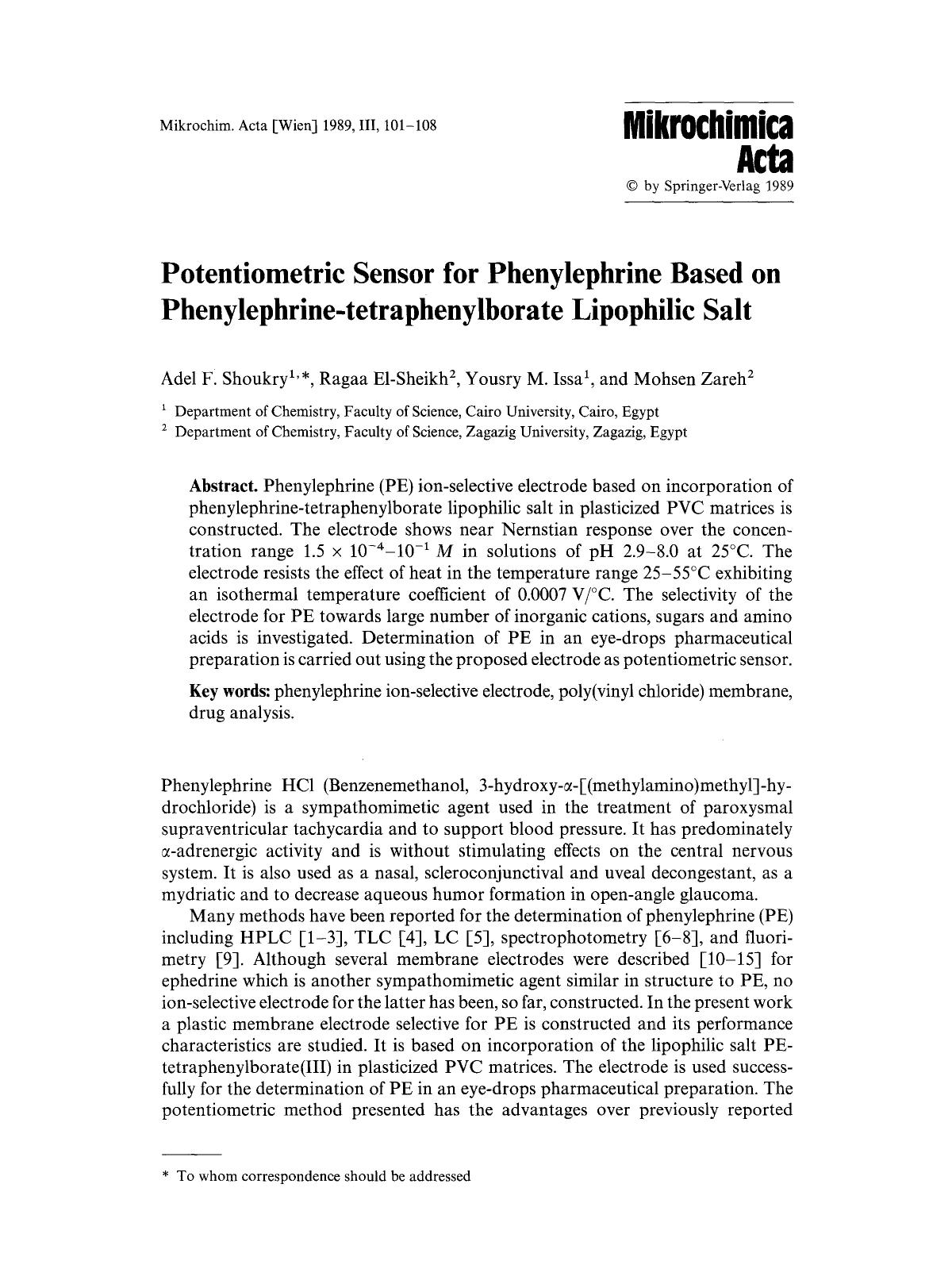 Potentiometric sensor for phenylephrine based on phenylephrine-tetraphenylborate lipophilic salt by Unknown