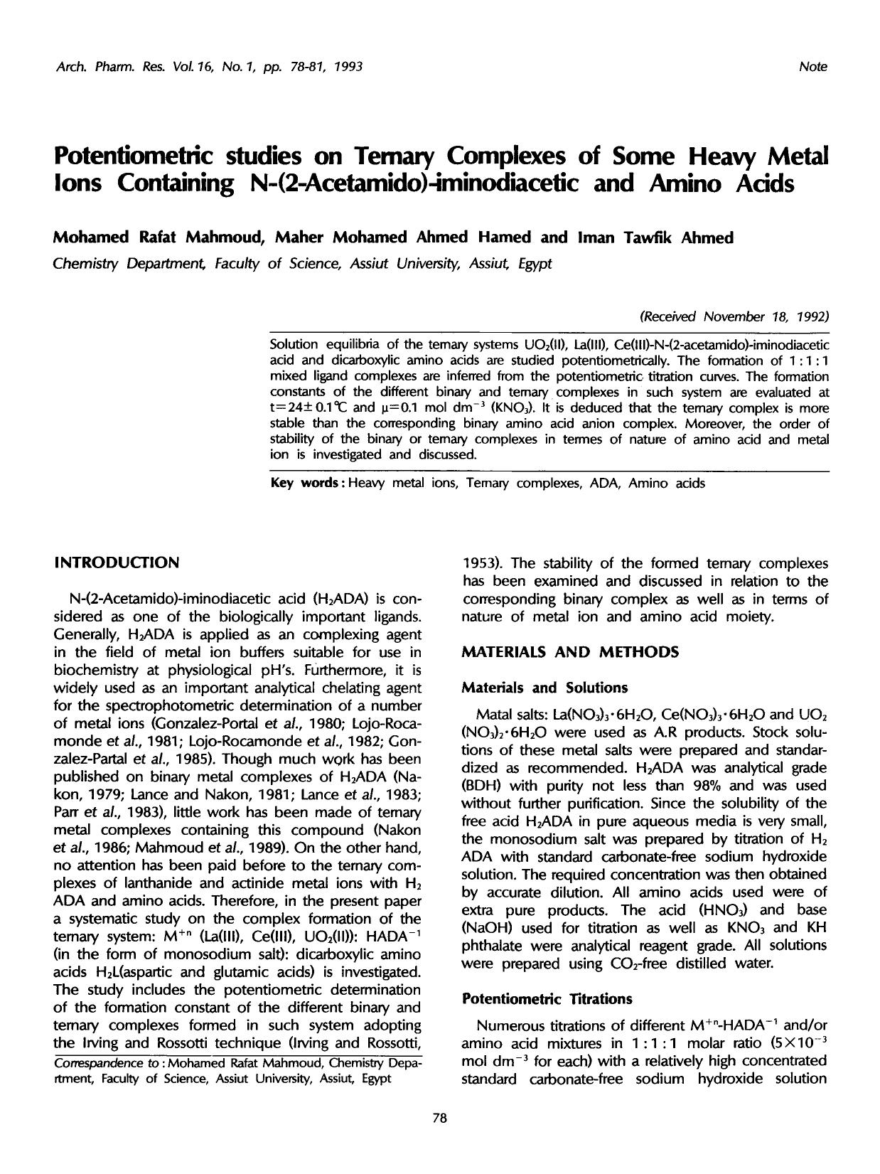 Potentiometric studies on ternary complexes of some heavy metal ions containing N-(2-acetamido)-iminodiacetic and amino acids by Unknown